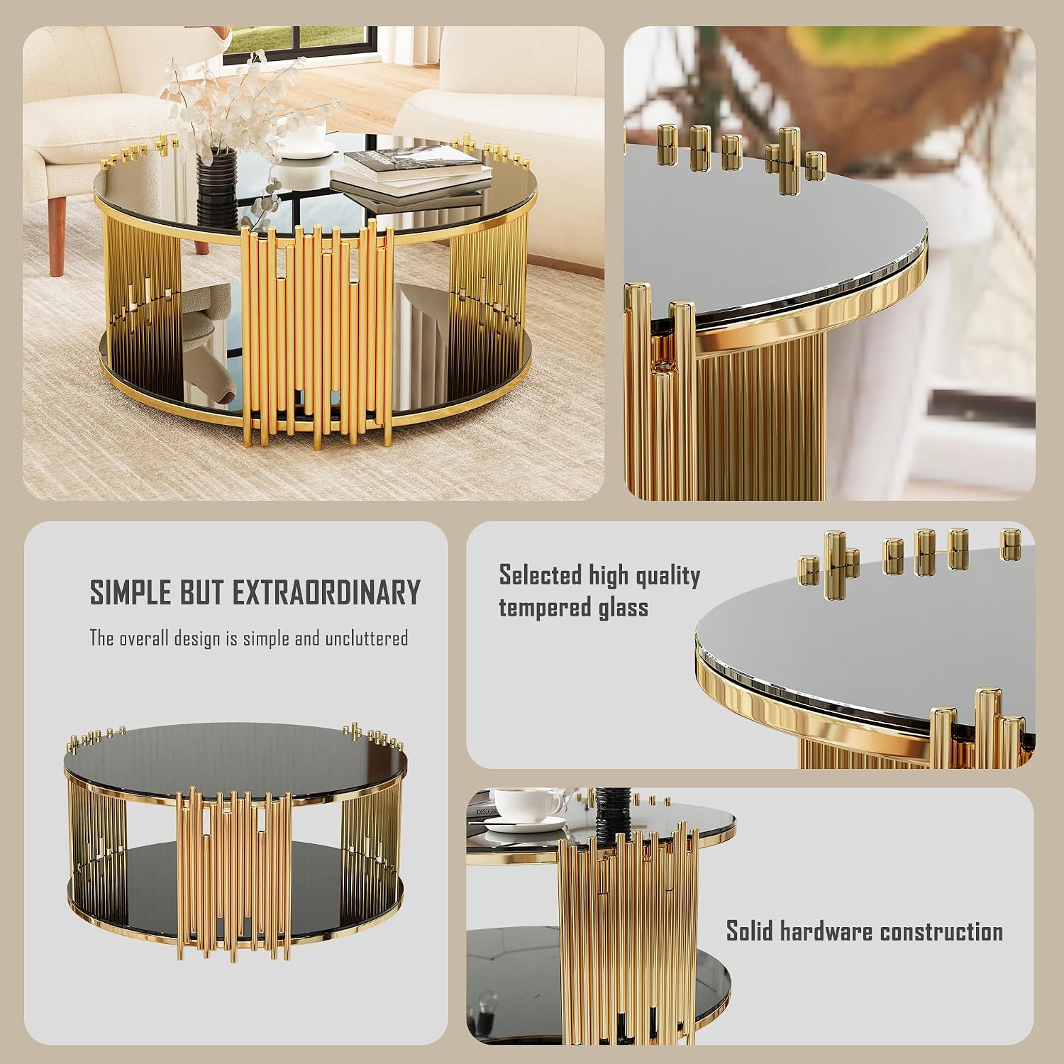 36'' Tempered Glass Round Coffee Table for Living Room, 2-Tier Modern Circle Coffee Table, Black Mirror Tabletop & Metal Drum Base, Easy Assembly, Black & Gold