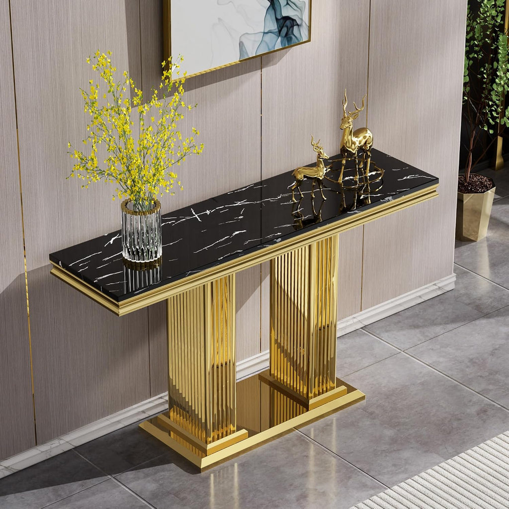 2 Pieces Coffee Table Set, Faux Marble Living Room Table Set of 2, Modern Coffee Table and Console Table with Column-Shaped Stainless Steel Base for Living Room Office (Black Gold)
