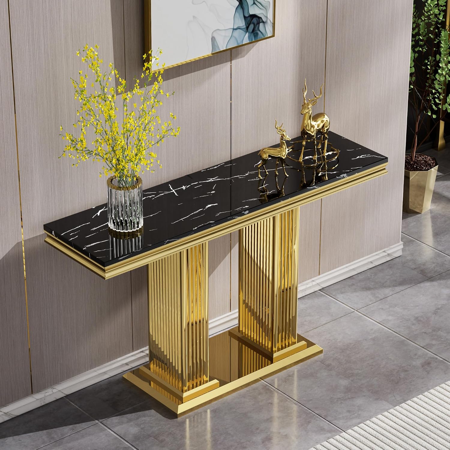 2 Pieces Coffee Table Set, Black Faux Marble Living Room Table Set of 2, Modern Marble Coffee Table and Console Table with Gold Column-Shaped Stainless Steel Base for Living Room Home Office