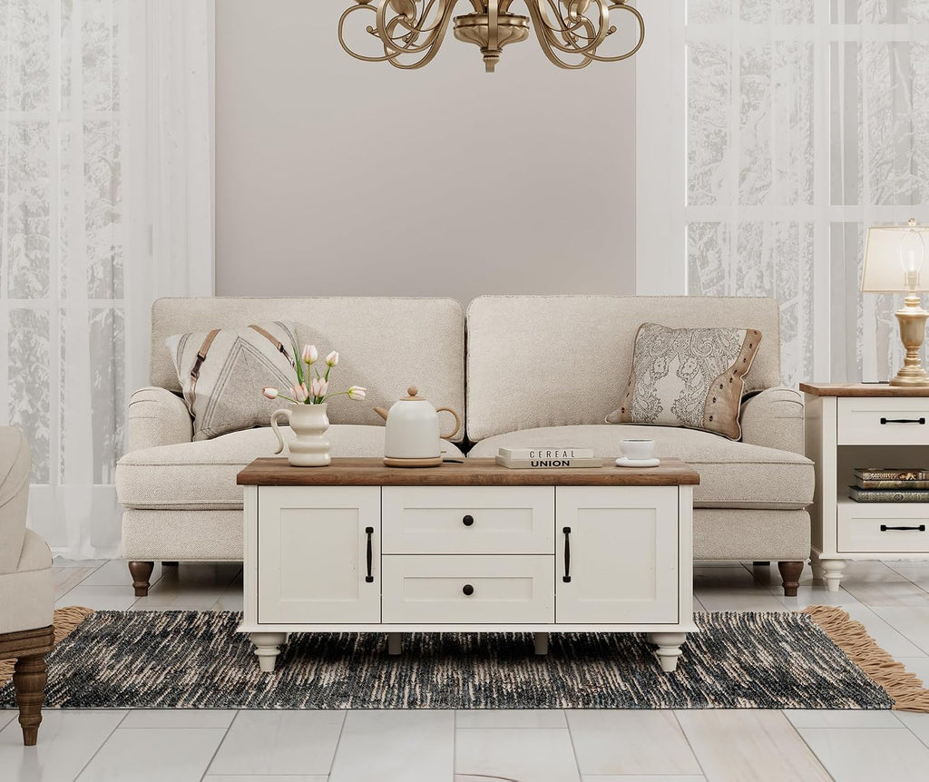 WAMPAT Modern Coffee Table with Storage Cabinet, White Coffee Tables for Living Room, Wood Rectangle Center Table with Drawer, Rustic Tea Table for Home, Off White
