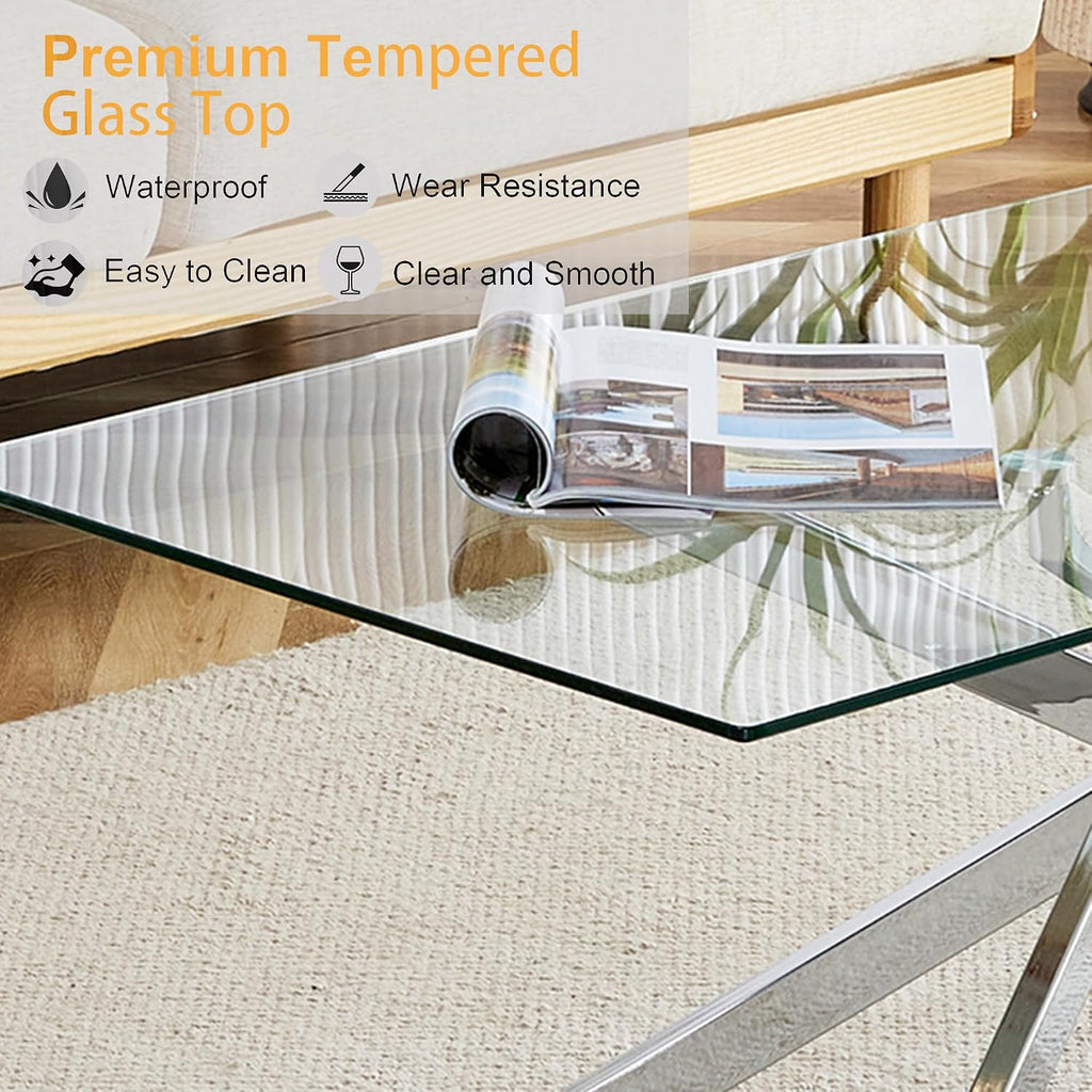 Glass Coffee Table Set of 3, Modern Glass Coffee Table with 2 Square Side Tables,3 Piece Living Room Table Set with Clear Tempered Glass Tabletop & Silver Metal Legs for Apartment Home Office