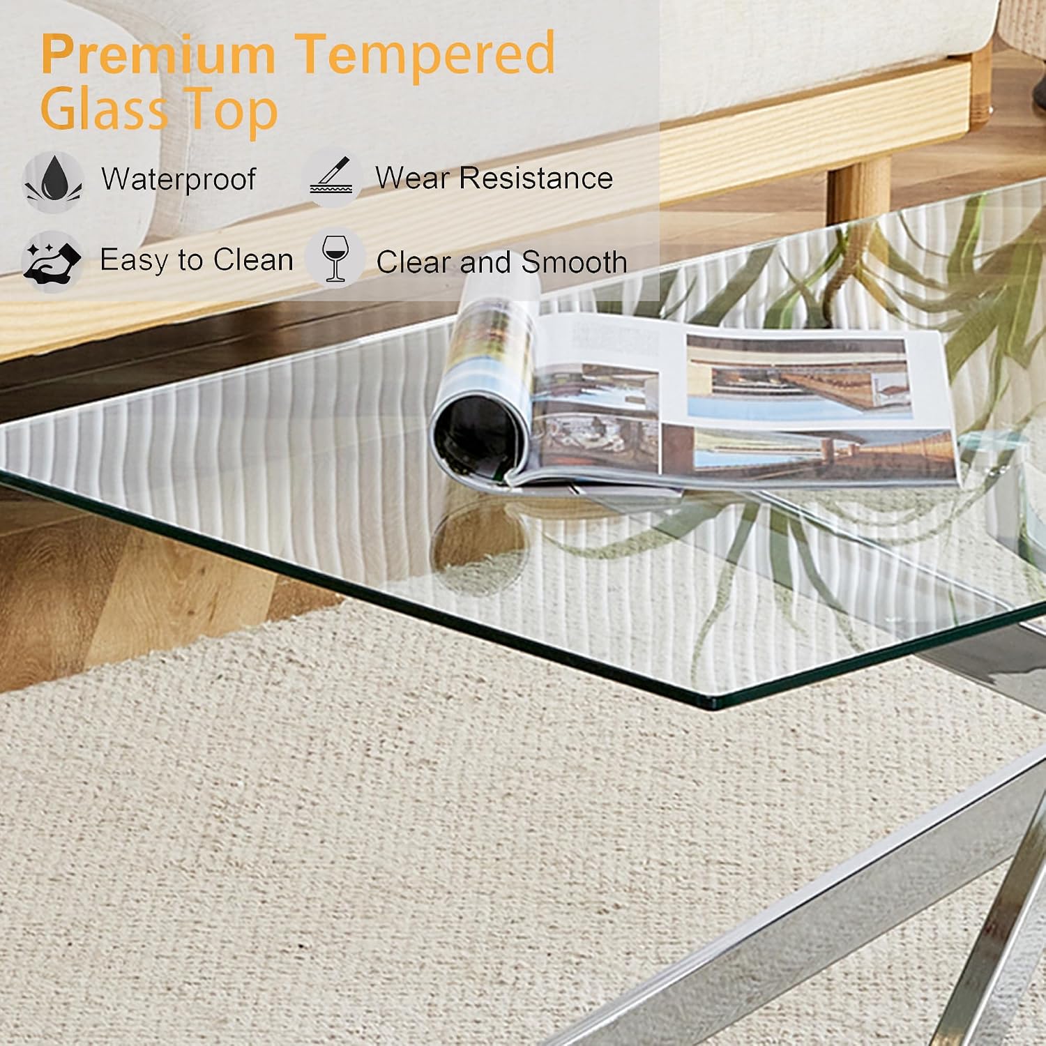 Glass Coffee Table Set of 3, Modern Glass Coffee Table with 2 Square Side Tables,3 Piece Living Room Table Set with Clear Tempered Glass Tabletop & Silver Metal Legs for Apartment Home Office