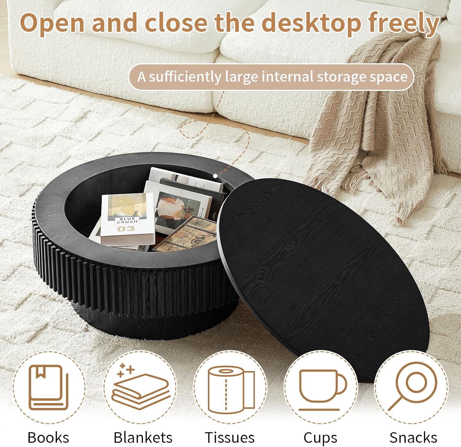 Round Coffee Table for Living Room,Fluted Drum Accent Tea Center Table with Storage,Circle Modern Coffee Tables for Small Space Office Apartment (31.5' L×31.5''W×14''H-Black)