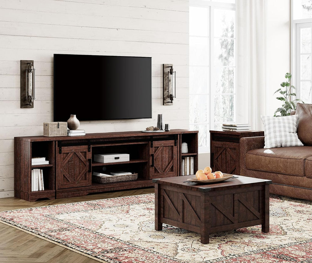 WAMPAT 3-in-1 Modern Farmhouse TV Stand for up to 85' TV, 23.6' H Wood Entertainment Center with Sliding Barn Door and Adjustable Media Storage Shelf for Living Room, Dark Walnut Brown