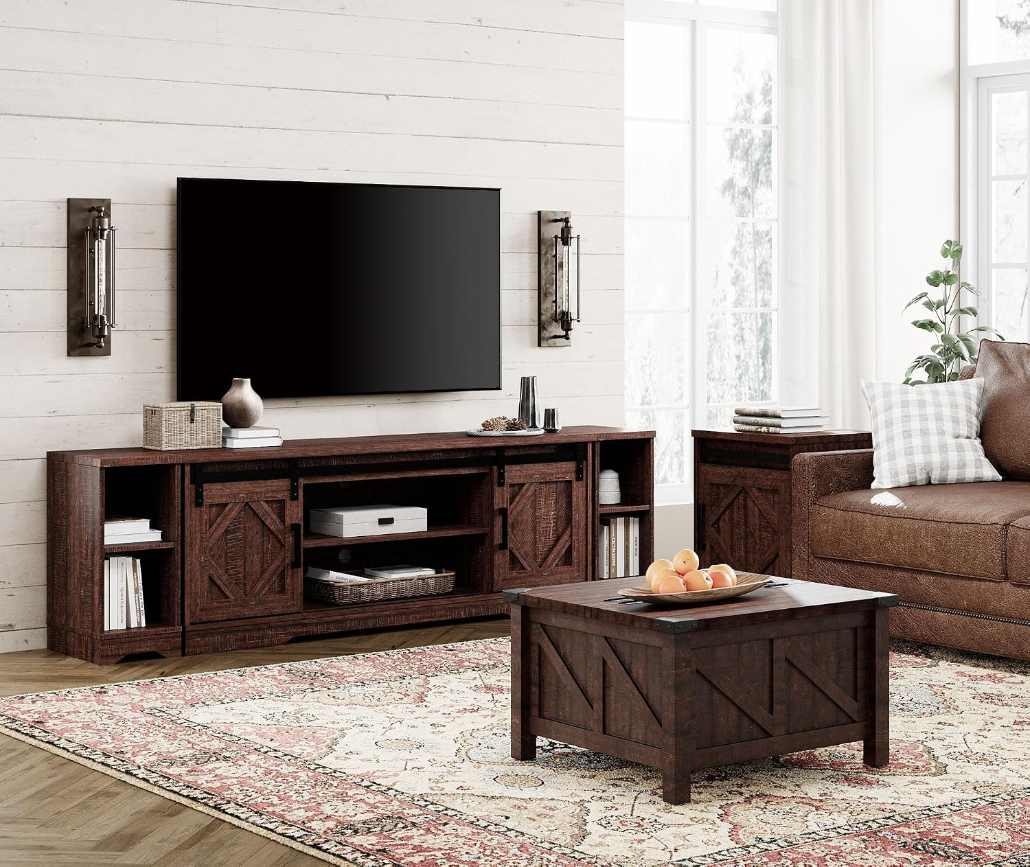 WAMPAT 3-in-1 Modern Farmhouse TV Stand for up to 85' TV, 23.6' H Wood Entertainment Center with Sliding Barn Door and Adjustable Media Storage Shelf for Living Room, Dark Walnut Brown
