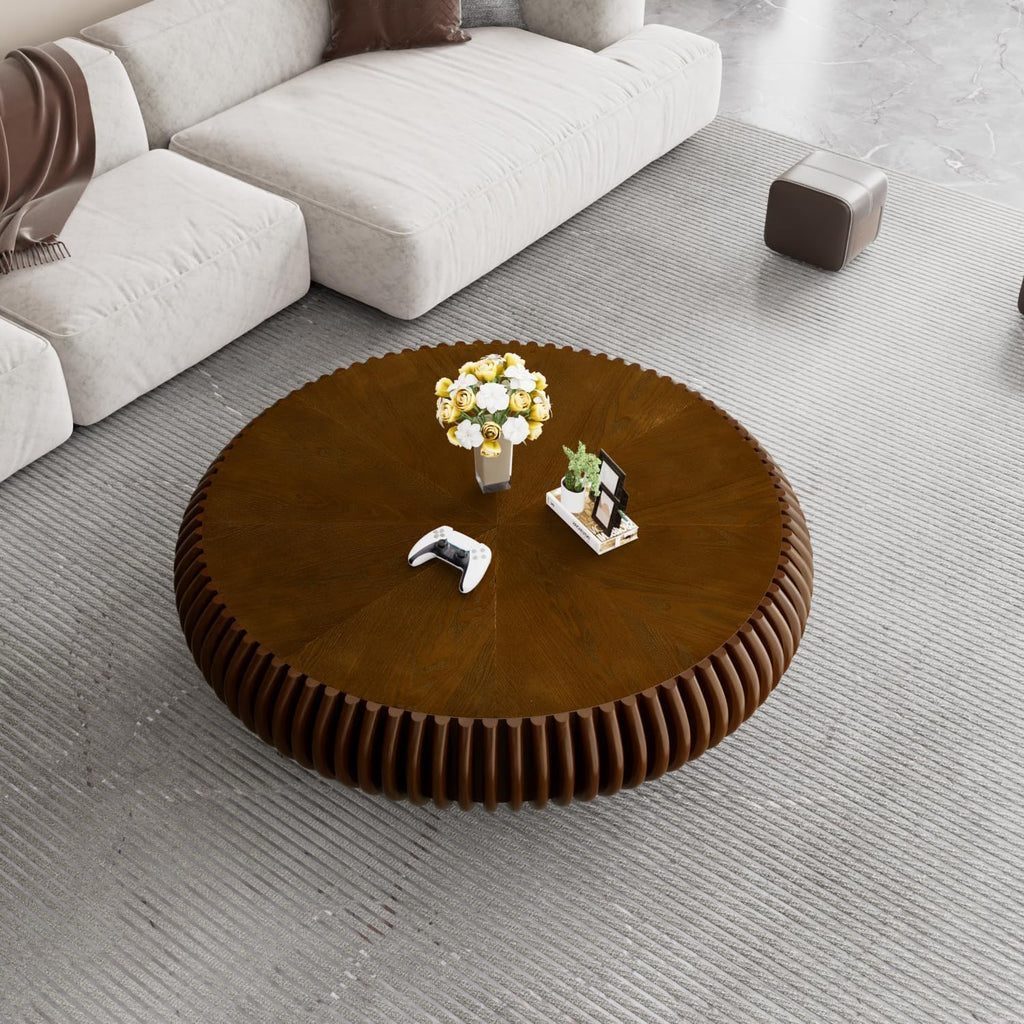 39.37' Round Drum Coffee Table, Modern Fluted Coffee Tables with Solid Wood Veneer, Wooden Circle Center Table for Living Room, Small Spaces, and Apartments, Easy Assembly