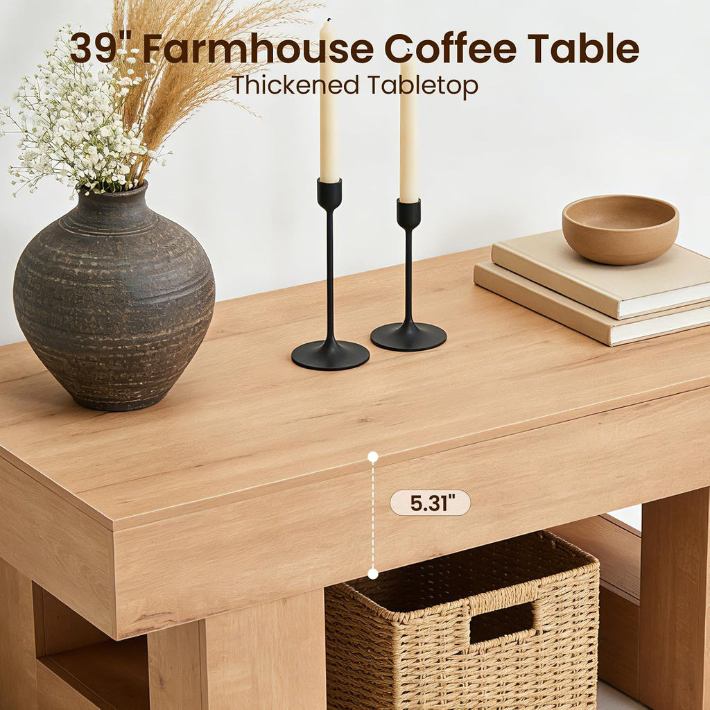 EROMMY 39' Minimalist Farmhouse Coffee Table for Living Room, Wooden Rectangular Accent Center Tables with Thick Tabletop, Rustic Modern Low Cocktail Tea Furniture with Thick U-Shaped Base (Natural)