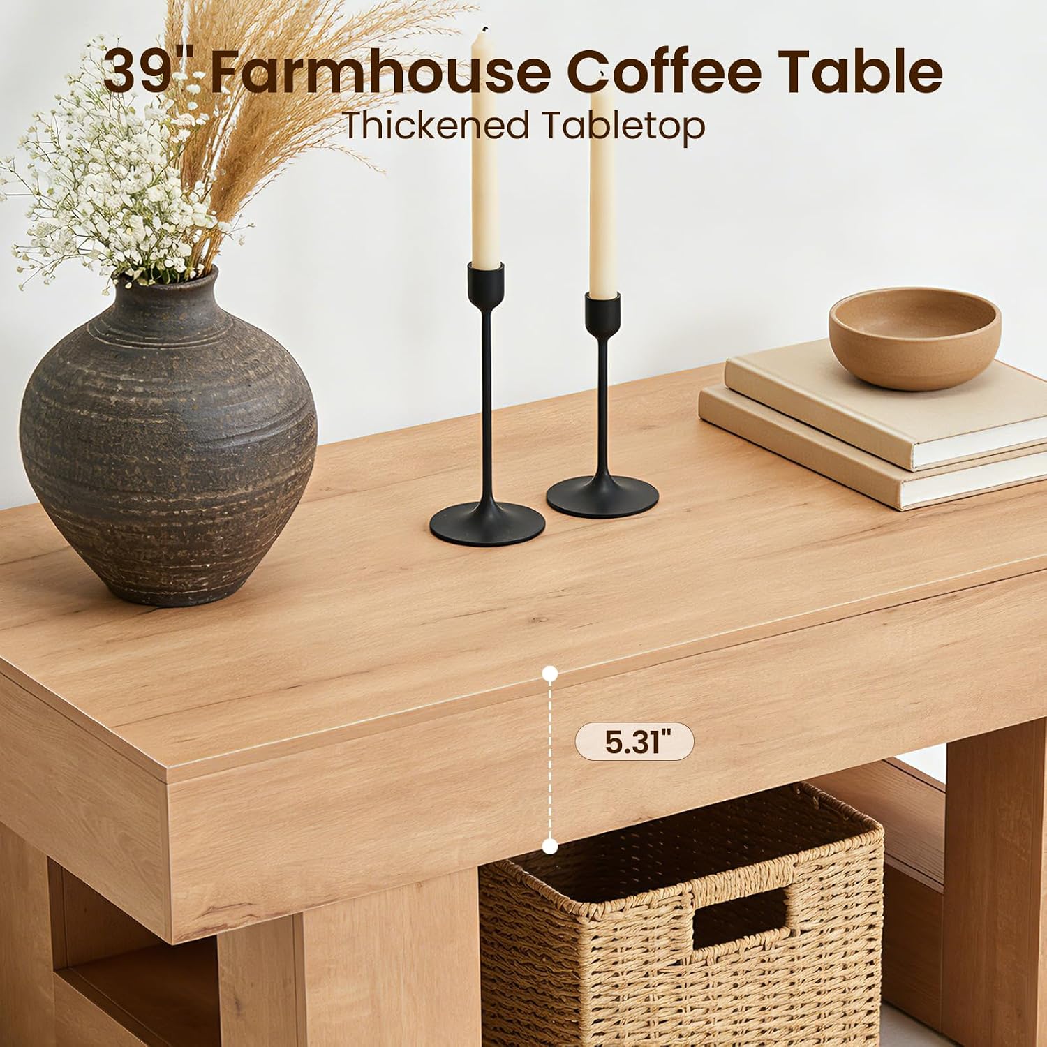 EROMMY 39' Minimalist Farmhouse Coffee Table for Living Room, Wooden Rectangular Accent Center Tables with Thick Tabletop, Rustic Modern Low Cocktail Tea Furniture with Thick U-Shaped Base (Natural)