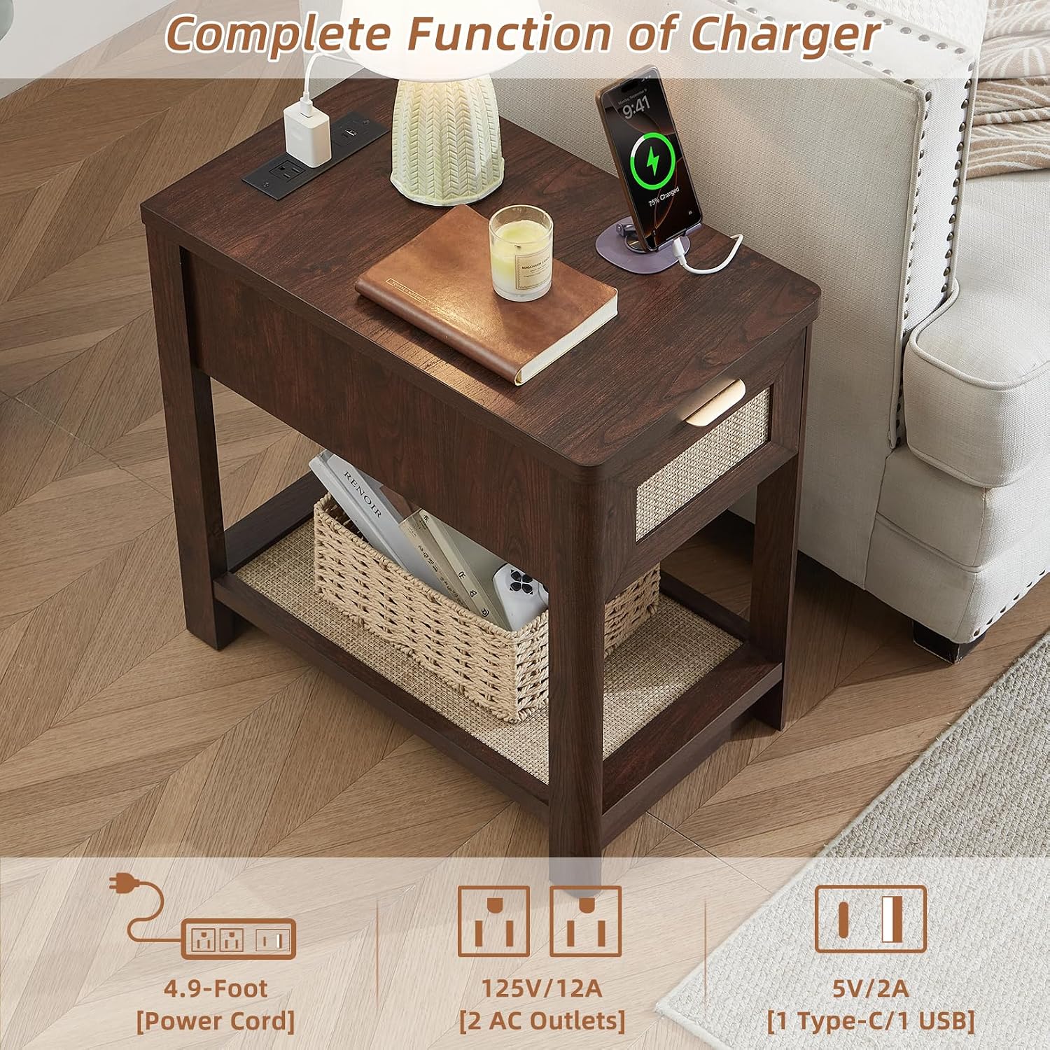 Lerliuo Boho Coffee Table Set of 3, Rattan Coffee and End Table Sets with Charging Station, Living Room Table Set with Open Shelf for Living Room, Walnut