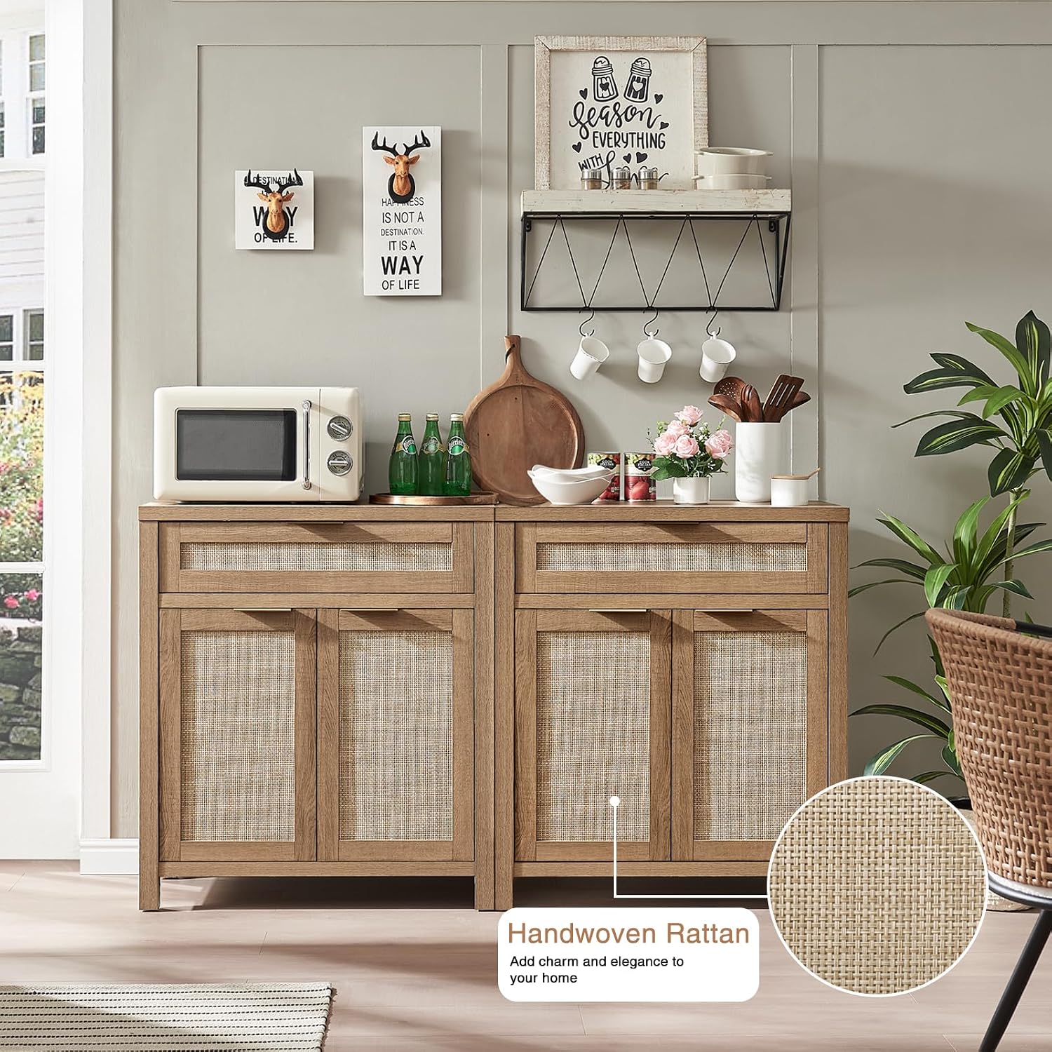 HOKYHOKY Rattan Sideboard Buffet Cabinet Set of 3, Boho Storage Cabinet with Adjustable Shelves, Farmhouse Credenza Coffee Bar Table with Doors & Drawer for Living Room, Hallway & Kitchen