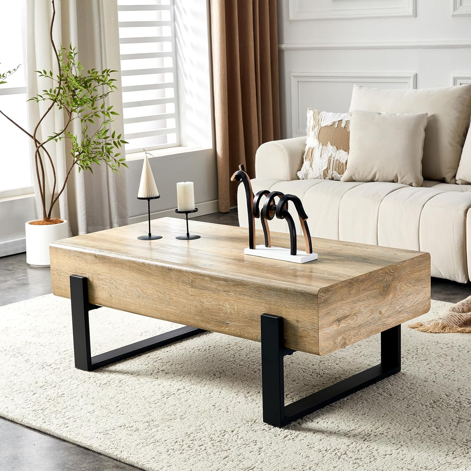 47.24' Rectangle Coffee Table, Wood Coffee Table Center Table with 7.8' Thick Tabletop Metal Legs Rounded Corners for Living Room Office, Natural Wood