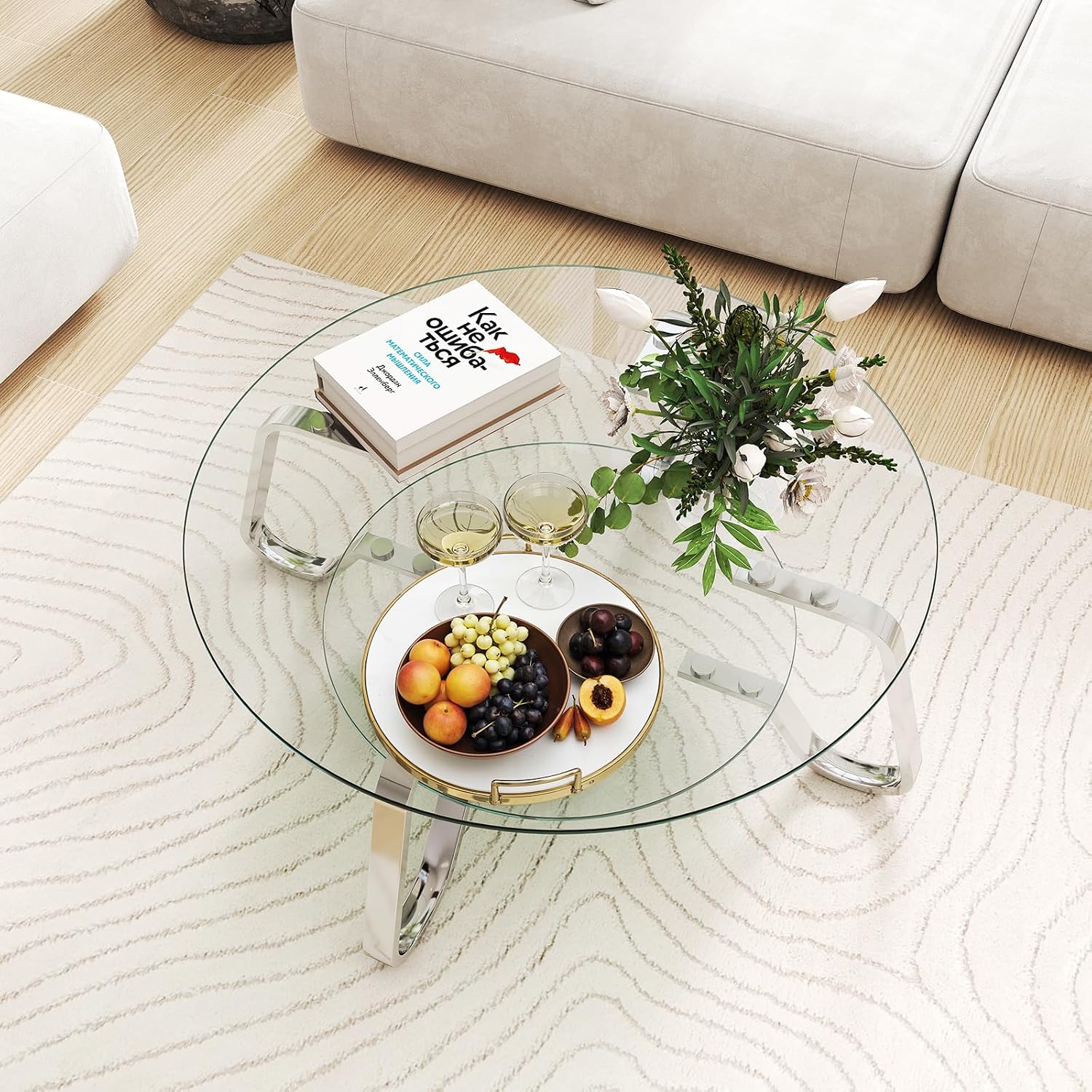 Rovibek Round Glass Coffee Table, 31.5 Modern Round Glass Coffee Tables with Storage and Metal Frame, 2-Tier Tempered Glass Top Small Center Table for Living Room, Easy Assembly, Sliver