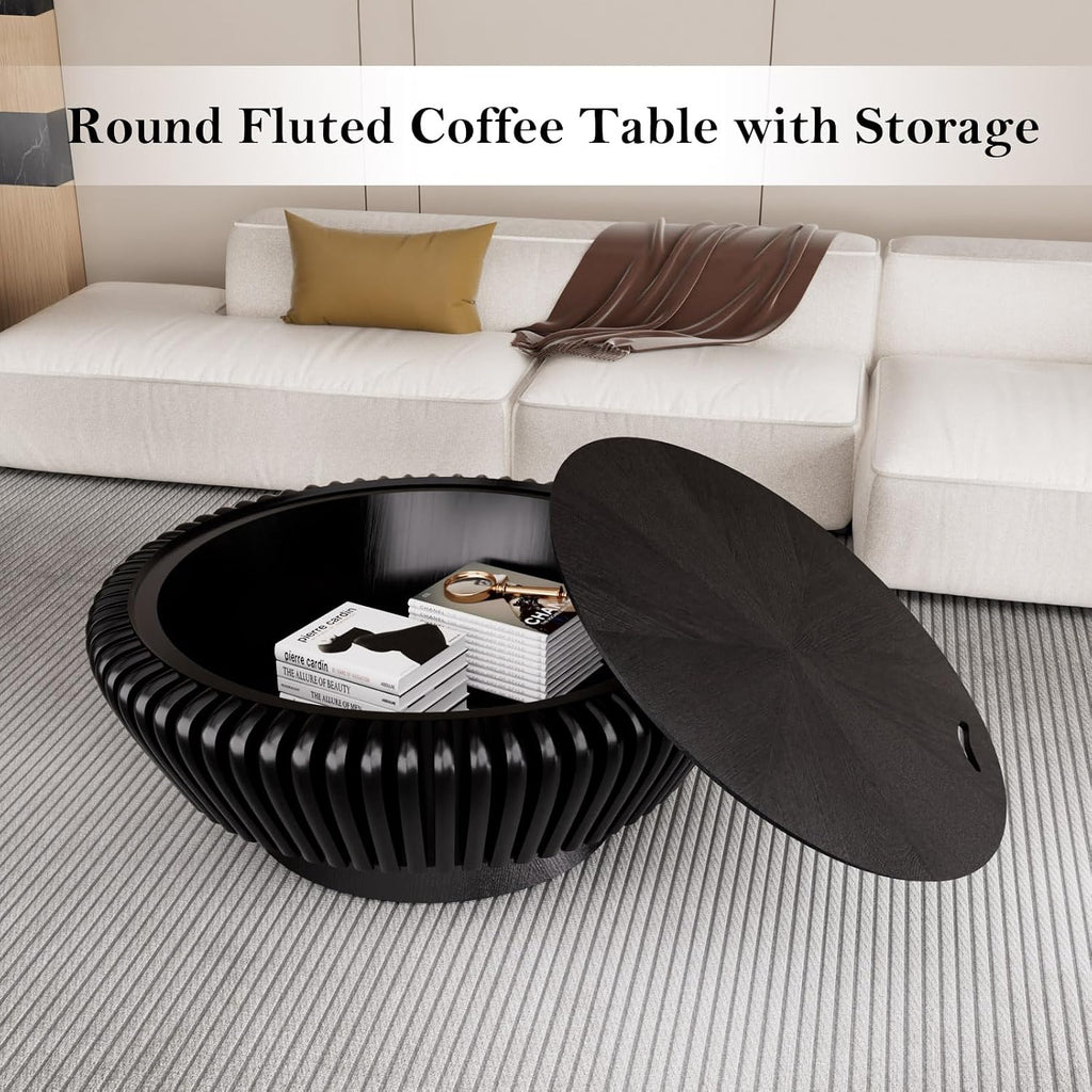 35.4' Fluted Coffee Table with Storage Rustic Chic Circle Drum Center Tables - Handcraft Solid Wood Fluted Veneer for Living Room (L Black 35.4in)