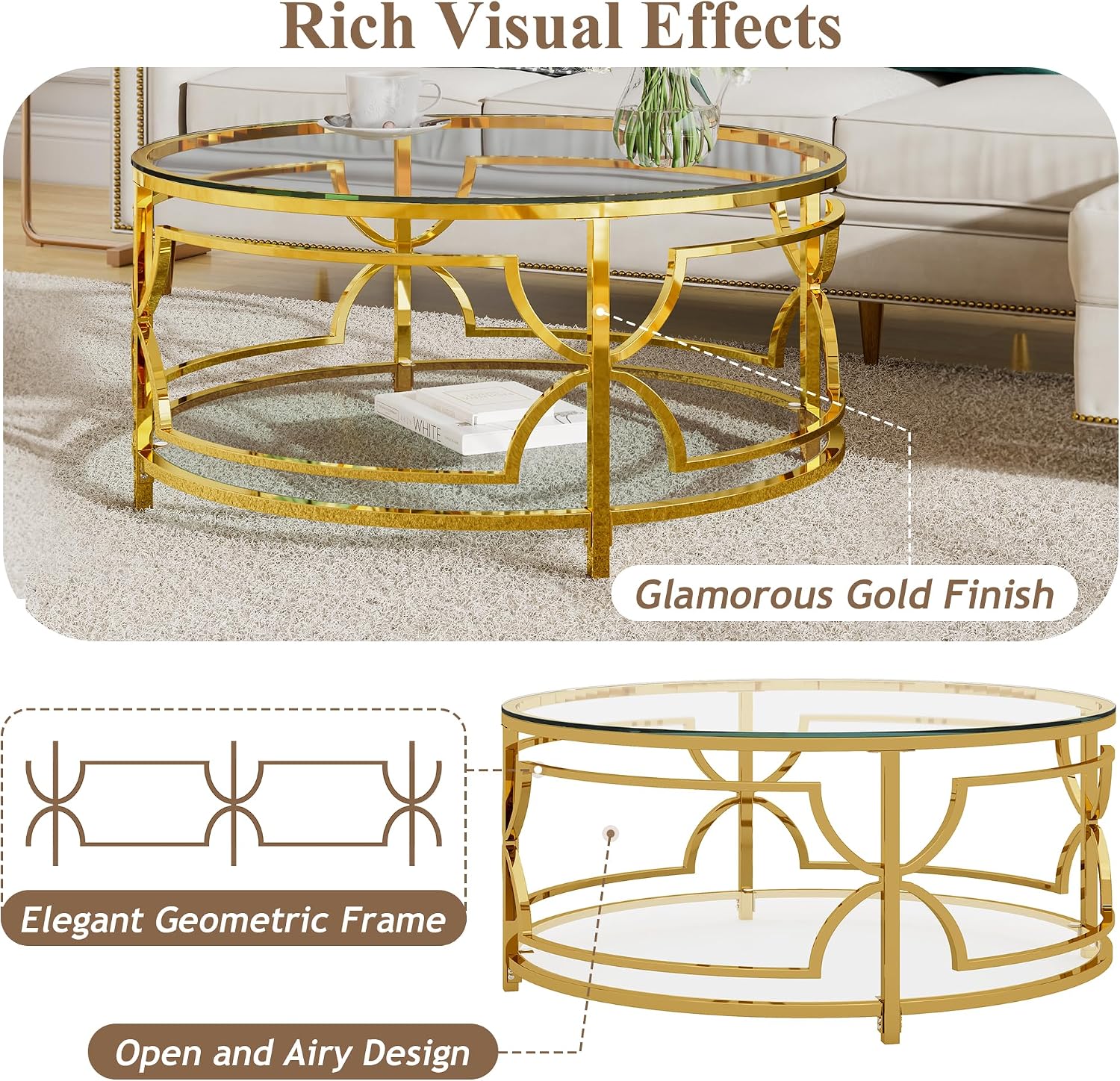 Merax 30.7' Round Tempered Glass Coffee Table, Luxurious Gold Geometric Metal Frame Side Table with Lower Storage Shelf, Modern Accent End Tables for Living Room, Bedroom, Apartment, Transparent