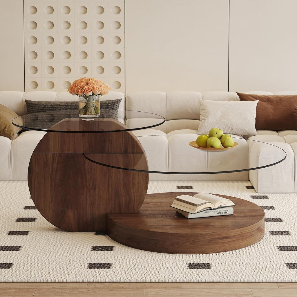 Glass Coffee Table 3 Tier Round Coffee Tables Tempered Clear Glass Top and Wood Table with Storage Modern Circle Coffee Table for Living Room(42' Dark Brown)