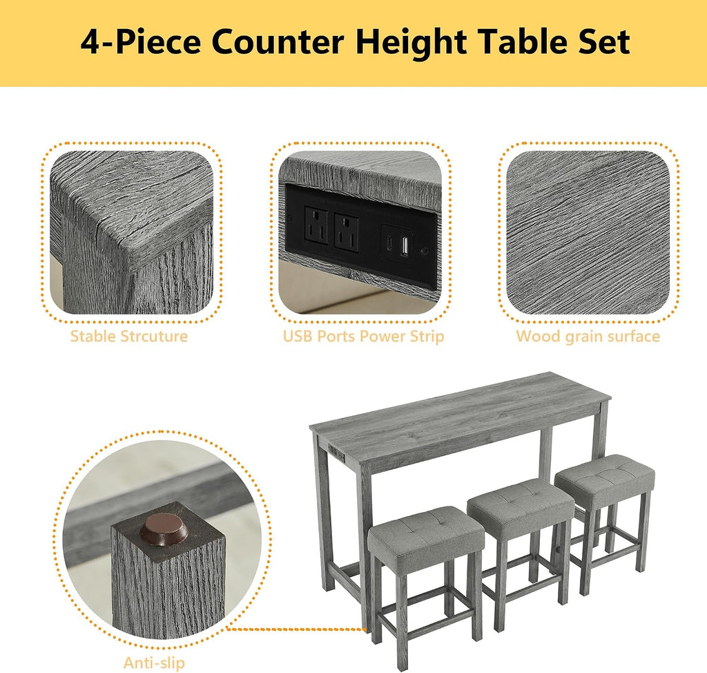 Merax 59' Bar Table Set with Power Outlet,Industrial Breakfast Table with 3 Upholstered Stools w/Footrest,4 Piece Counter Height Bar Table and Chair Set for Living Room,Dining Room,Kitchen,Grey