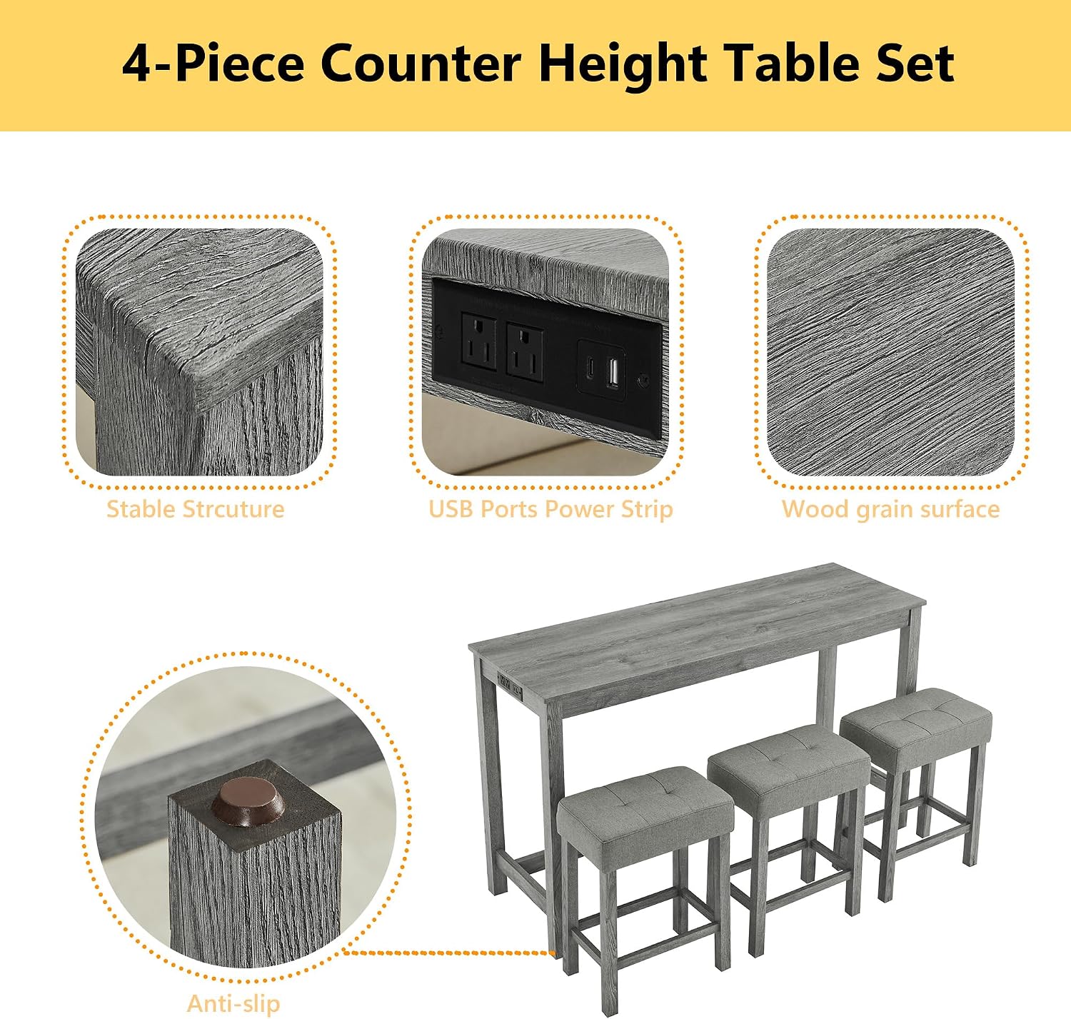 Merax 59' Bar Table Set with Power Outlet,Industrial Breakfast Table with 3 Upholstered Stools w/Footrest,4 Piece Counter Height Bar Table and Chair Set for Living Room,Dining Room,Kitchen,Grey