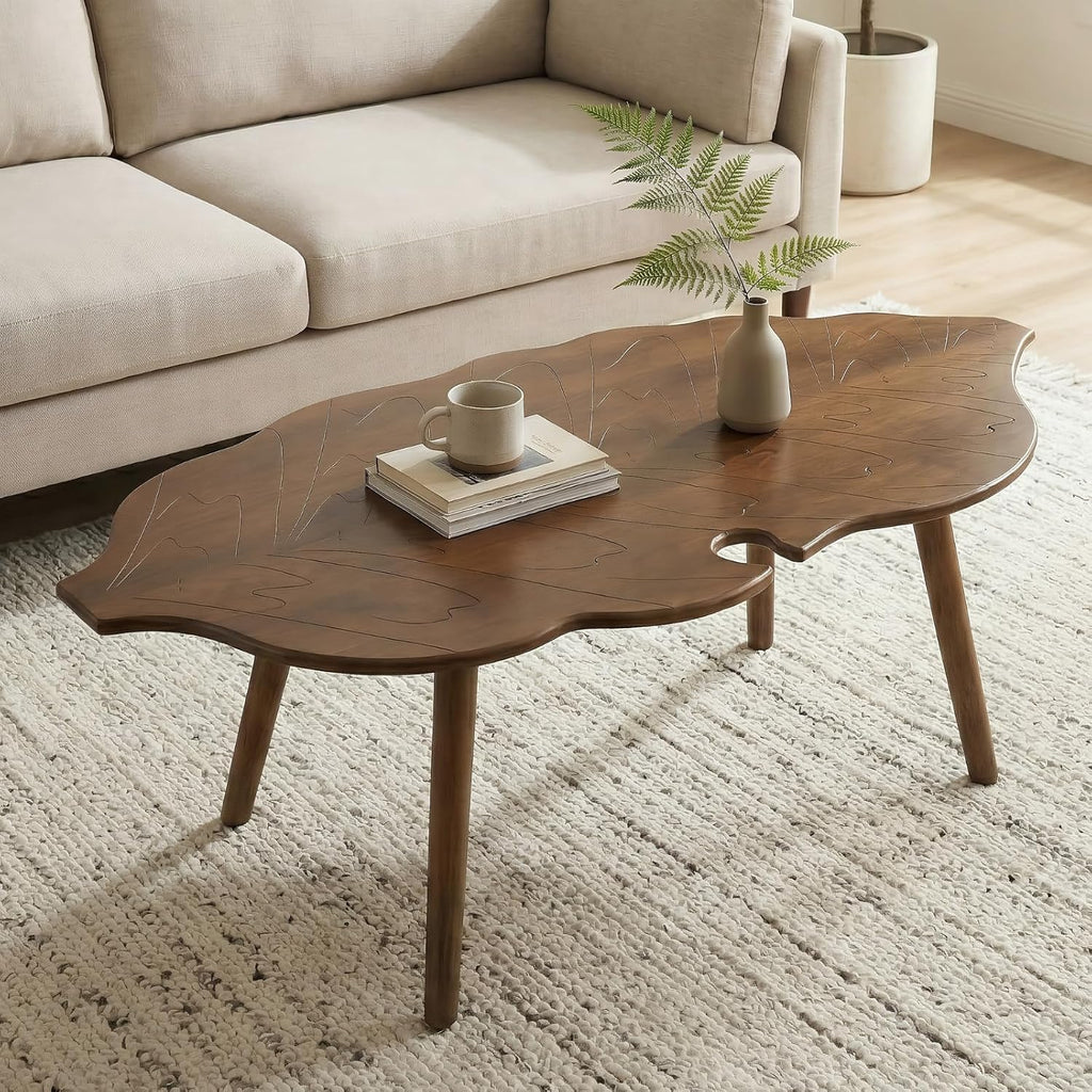 HNY Modern Coffee Table for Living Room, Brown Wood Coffee Table Farmhouse Center Table Vivid Leaf Table End Table with Rustic Grain Side Table with Wood Leg for Bedroom Office Cafe Small Space