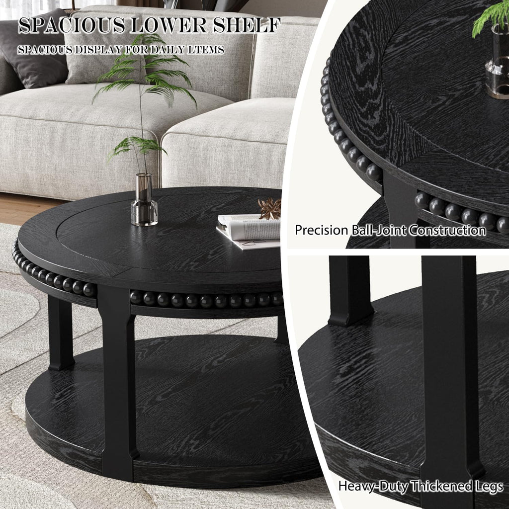 31.5'' Round Coffee Table, 2-Tier Modern Rustic Wood Circle Coffee Table for Living Room, Easy Assembly, Black