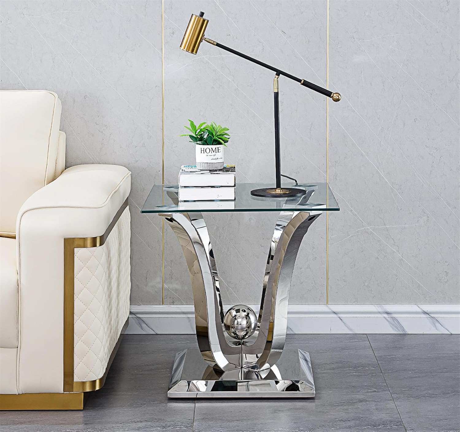 Luxury Glass Coffee Table Set of 2 Piece Silver Living Room Table Set of 2 Including Coffee and End Table Set, Gorgeous Stainless Steel Frame, Clear Glass Top for Living Room Home Office Apartment