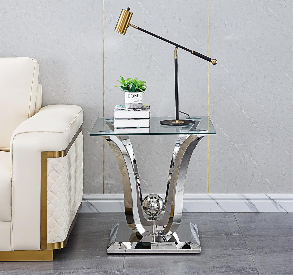 Modern Glass End Table Small Side Table with Silver Gorgeous Stainless Steel Base Square Glass Nightstand End Table Small Bedside Table Couch Sofa Table for Living Room Bedroom