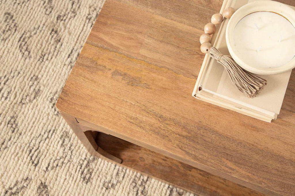Kate and Laurel Dahl Transitional Rectangular Coffee Table; 36 x 20 x 18; Natural Wood; Modern Rectangle Living Room Table with Solid Mango Wood Construction and Bonus Underlying Storage