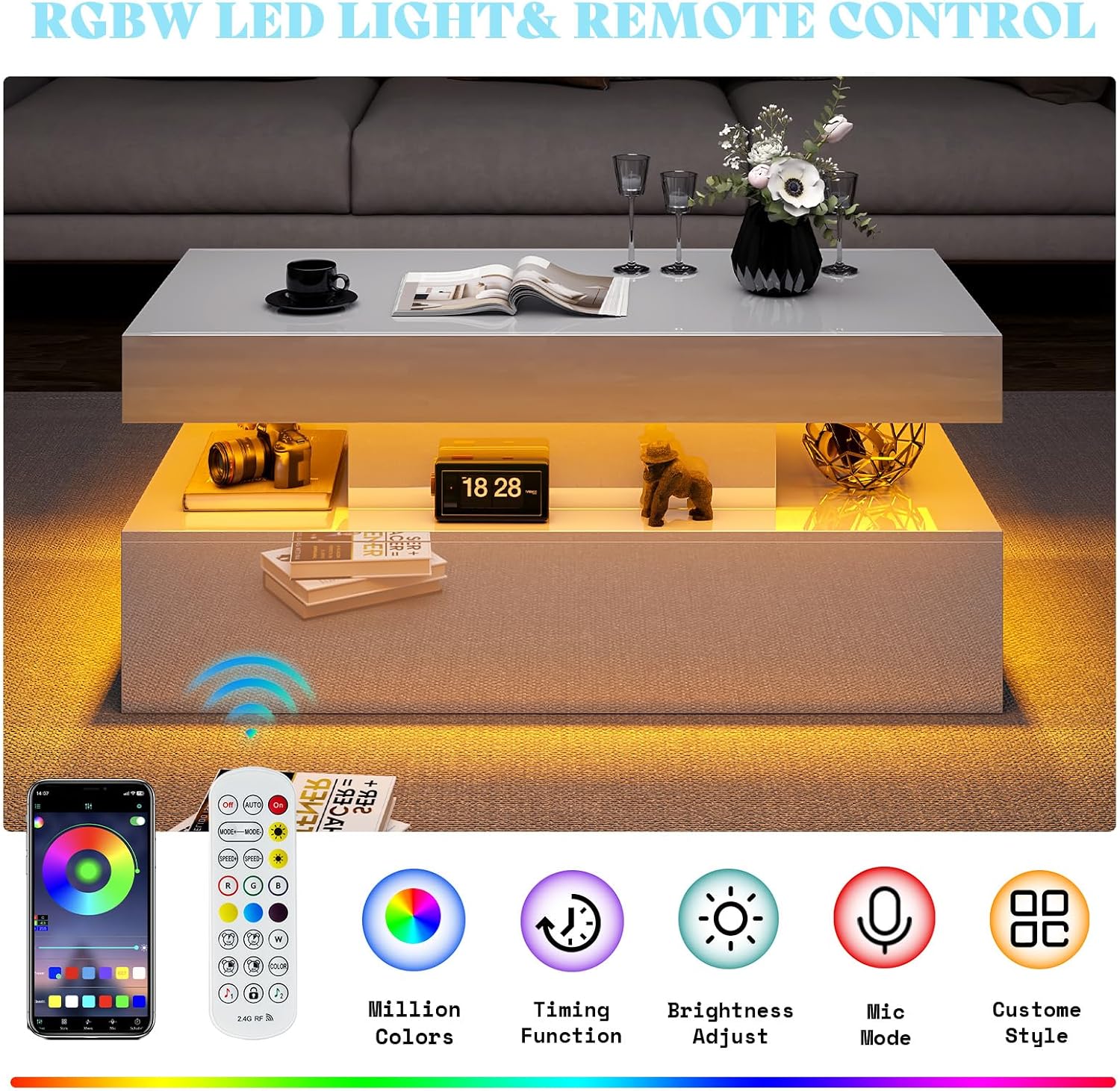VanAcc 3-Piece Modern Living Room Table Sets, 80' Modern LED TV Stand with 40' Electric Fireplace, High Gloss Coffee Tables for Living Room, White & Black