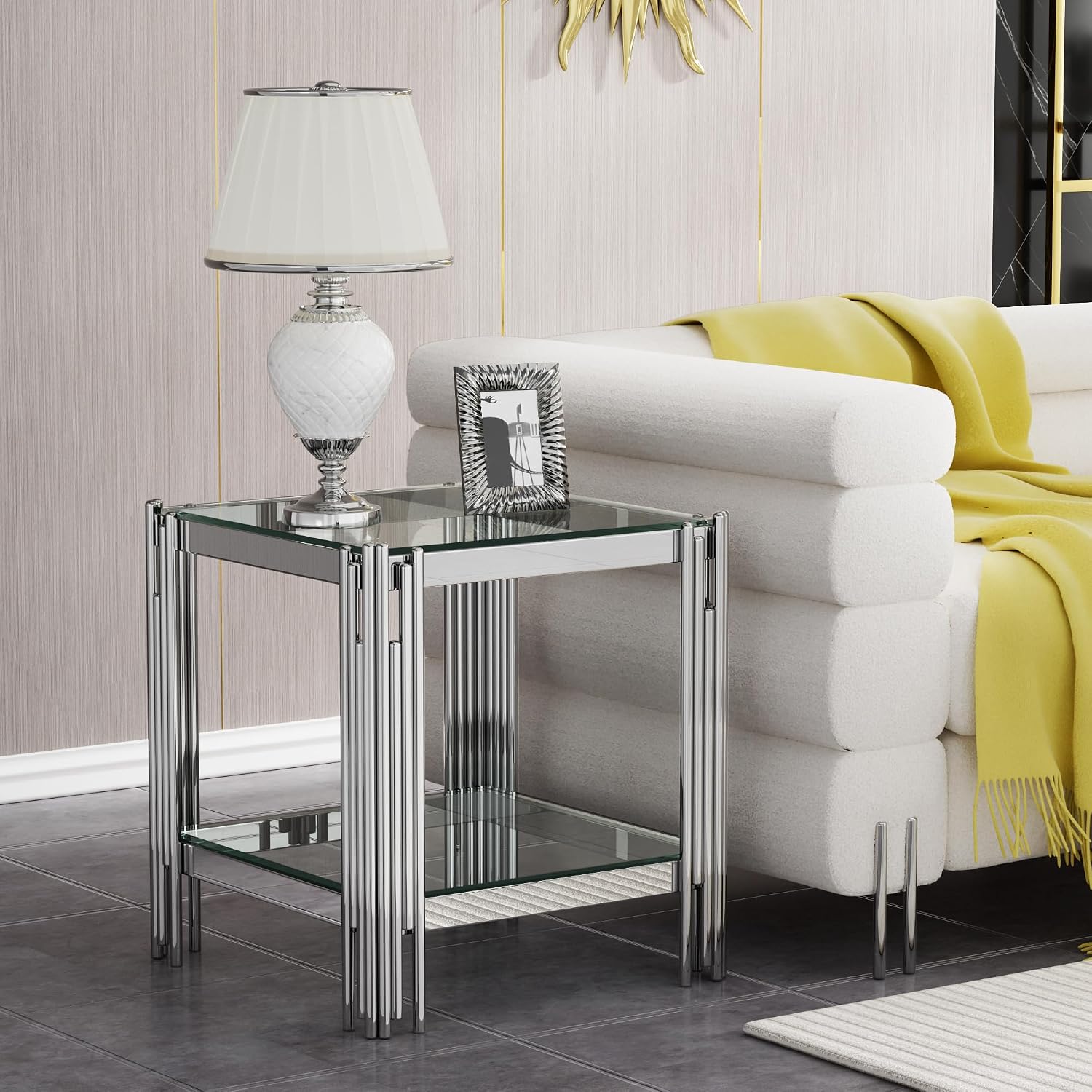 Modern Glass End Table,Sqaure Sofa Side Table with Shiny Geometric Stainless Steel Base,Clear Glass Accent End Table Bedside Table Nightstand for Living Room Bedroom Office