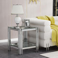 Modern Glass End Table, 20' Suqare Side Table with Silver Mirrored Stainless Steel Frame, 2-Tier Clear Glass End Table Nightstand Pedestal Stand Lamp Table for Living Room, Bedroom, Office