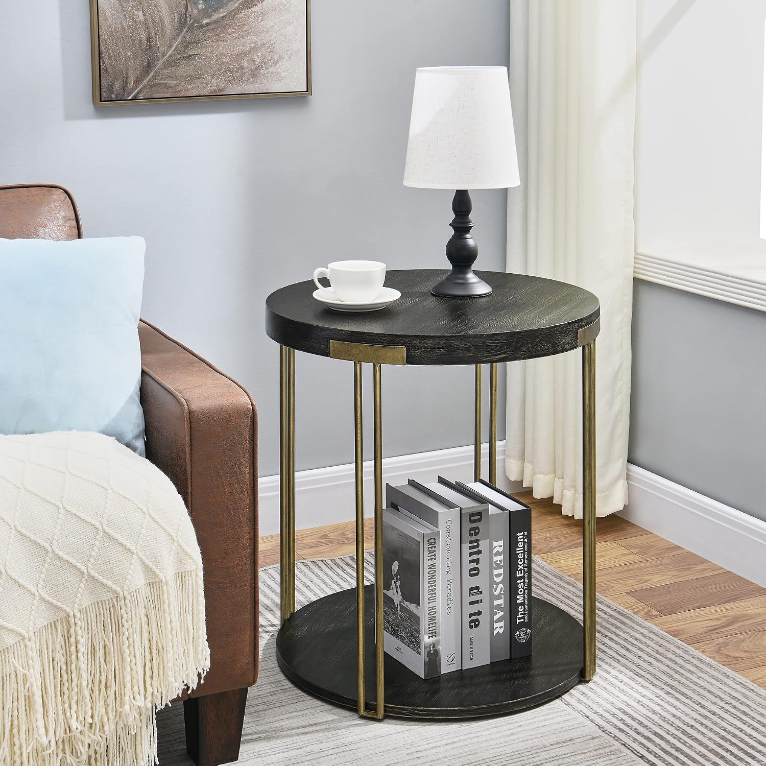 Biaco Modern Industrial Coffee Table Set of 3 - Living Room Furniture Set with Coffee, Side, and Console Tables - Antique Accent, Birch Veneer Texture & Gold Metal Legs, Brushed Black
