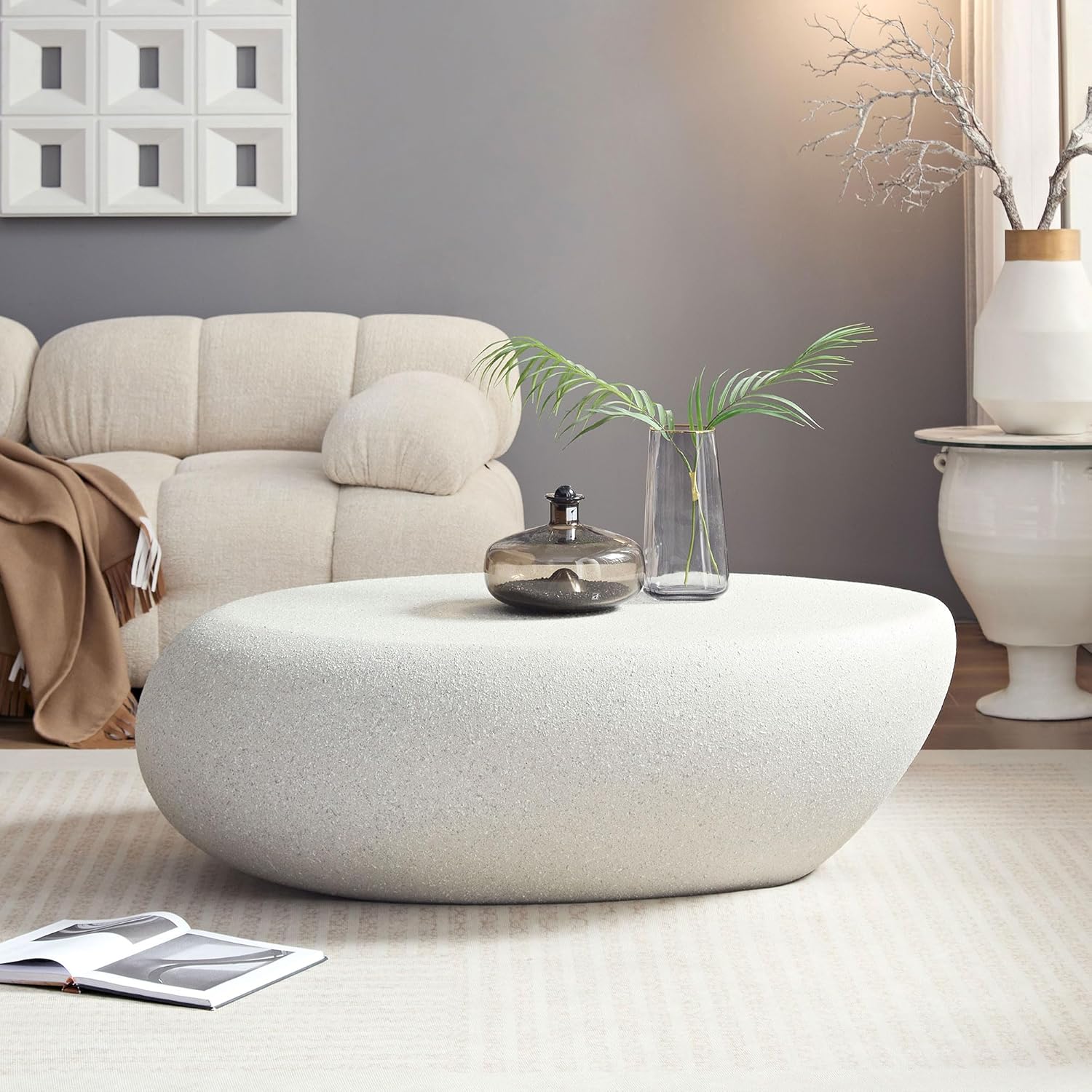 Faux Rock Coffee Table with Lightly Rought Rock Design,Irregular Drum Coffee Table Fiberglass Accent Stone-Like Central Table for Living Room,No Assembly