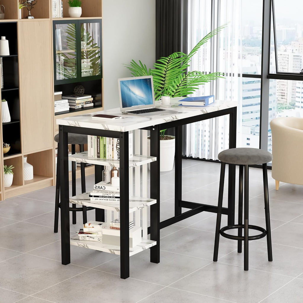 AWQM Bar Table Set with Storage Shelves, 47' Modern White Faux Marble Breakfast Table with 2 Velvet Stools, 3-Piece Dining Set for 2, Space Saving Table for Kitchen/Dining Room/Living Room/Studio