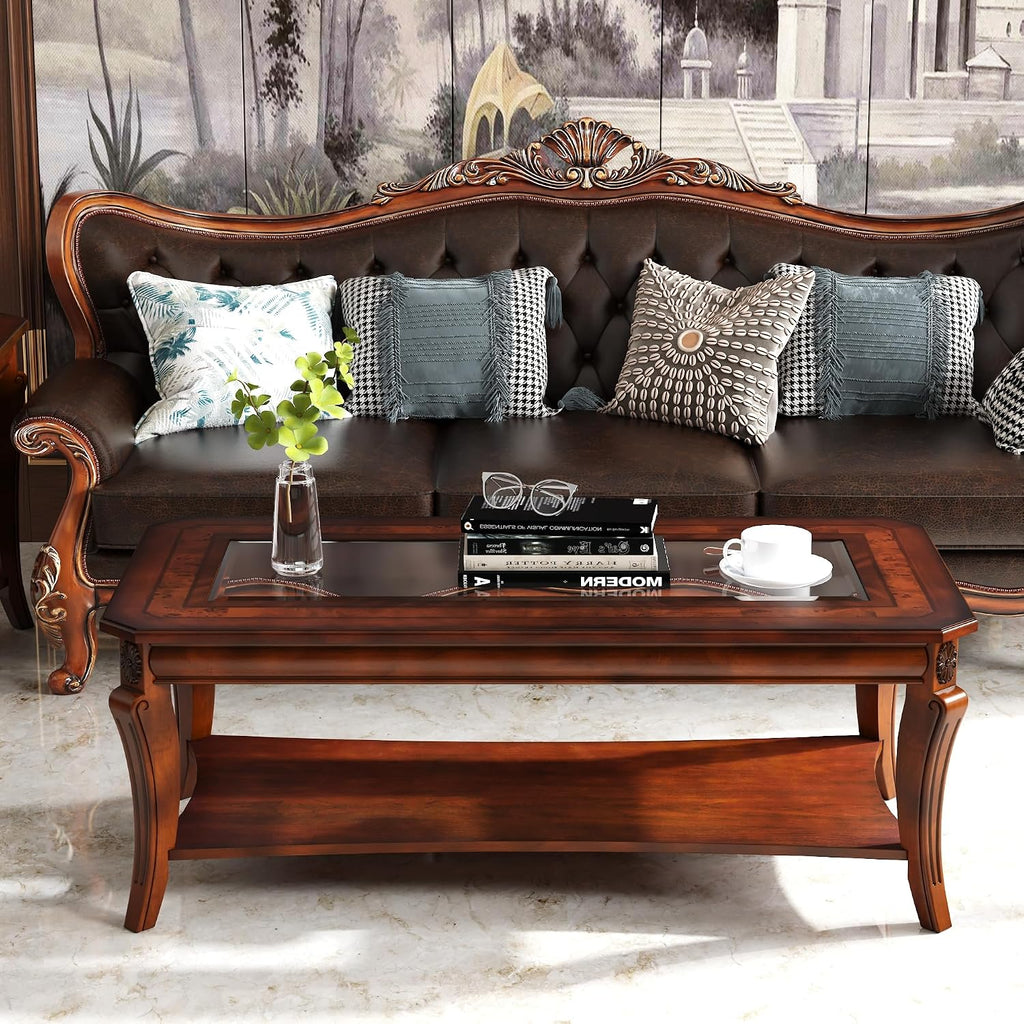 LEEMTORIG Coffee Table Set of 3 for Living Room, 3 Piece Glass Top Coffee Table and End Tables Set, Solid Wood Queen Anne Style 2-Tier Tables with Storage, Cherry Walnut KFZCJZ-A1168-GT
