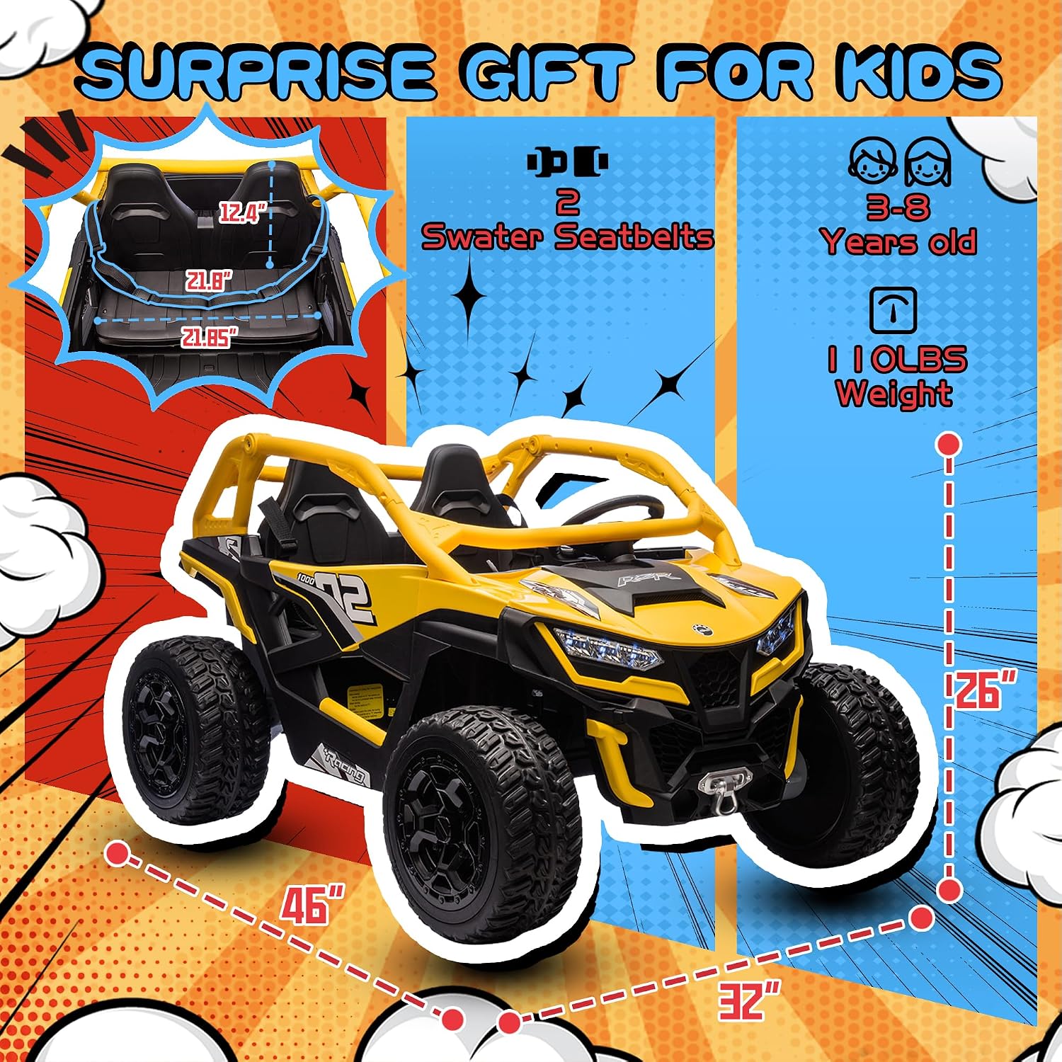 wanan XL 24V 10AH Ride on Toys for Big Kids Real 2-Seater, 4x4 4WD Motor Ride on Car Kid UTV for Kids 3-8, Remote Control, Bluetooth Music, 4 Spring Suspension, 22' Spacious Seats (Yellow)