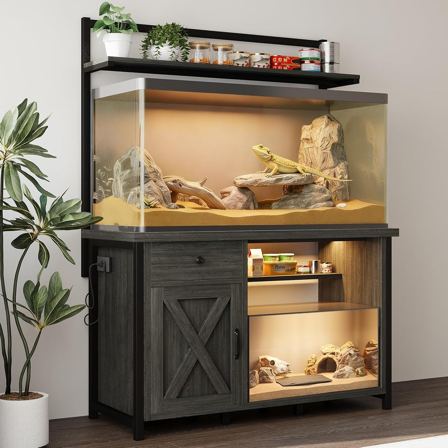 Reptile Tank Stand with Power Outlet, Terrarium Stand with Storage Cabinet, 49' X 20' Tabletop, Aquarium Stand with LED Lights, Reptile Terrarium,Turtle Tank (Gray)