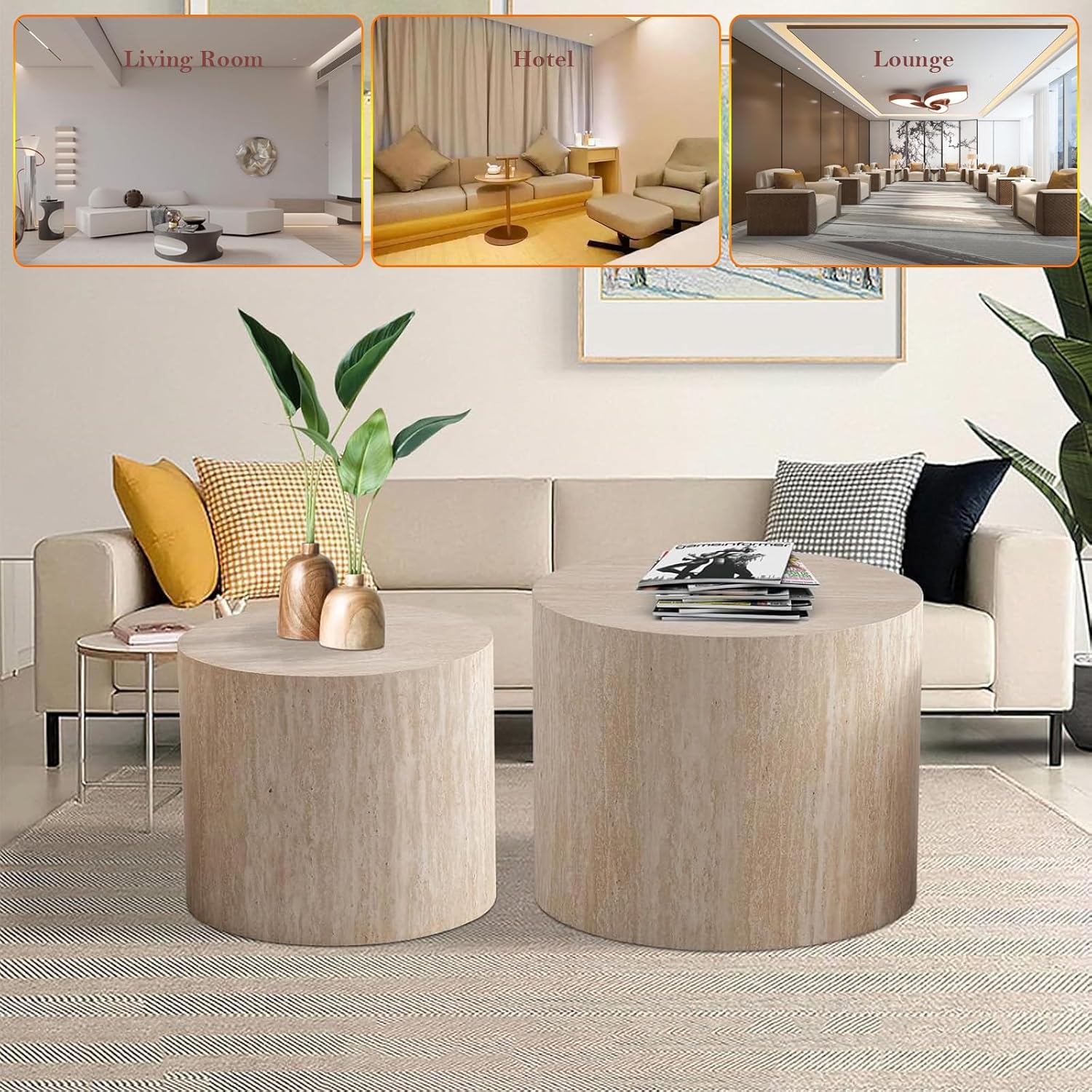 Stylish Nesting Coffee Table Set of 2, Elegant Chic Round Wooden Center Table - Smooth Finish & Easy to Clean, No Assemble Needed (E-18.1+14.6in)