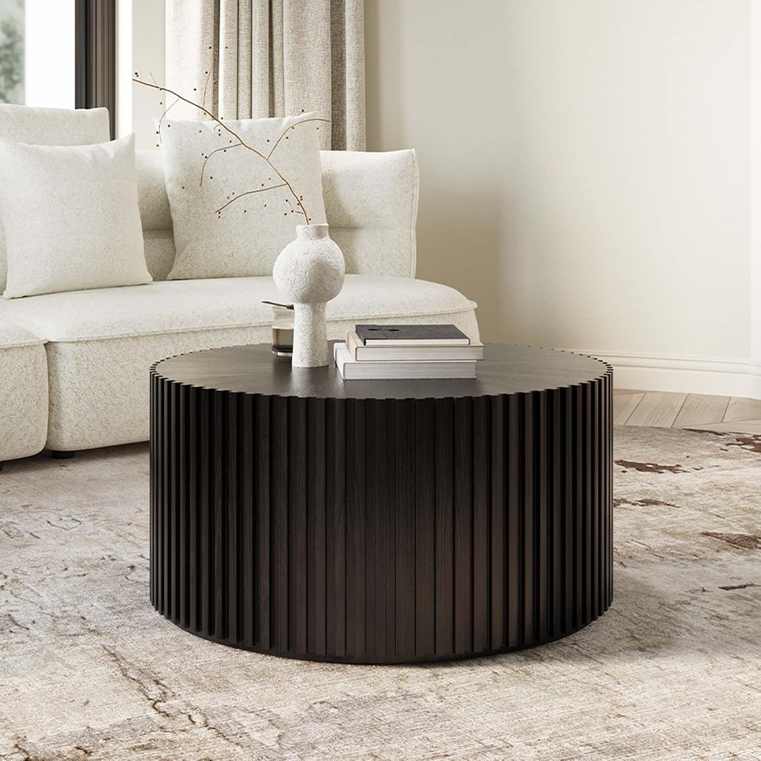 POVISON Mid Century Modern Coffee Table with Fluted Design, 31.5' Round Coffee Table for Living Room, Black Wood Coffee Table for Home Office Apartment