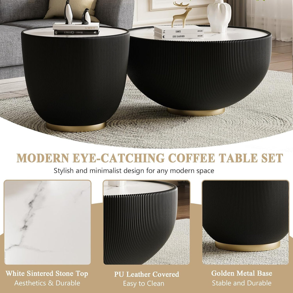 Round Marble Coffee Table Set of 2, 2 Piece Coffee Table and End Table for Living Room Modern Drum Center Table Circle Side Tables for Living Room Bedroom Apartment, No Need Assembly,Black+Black