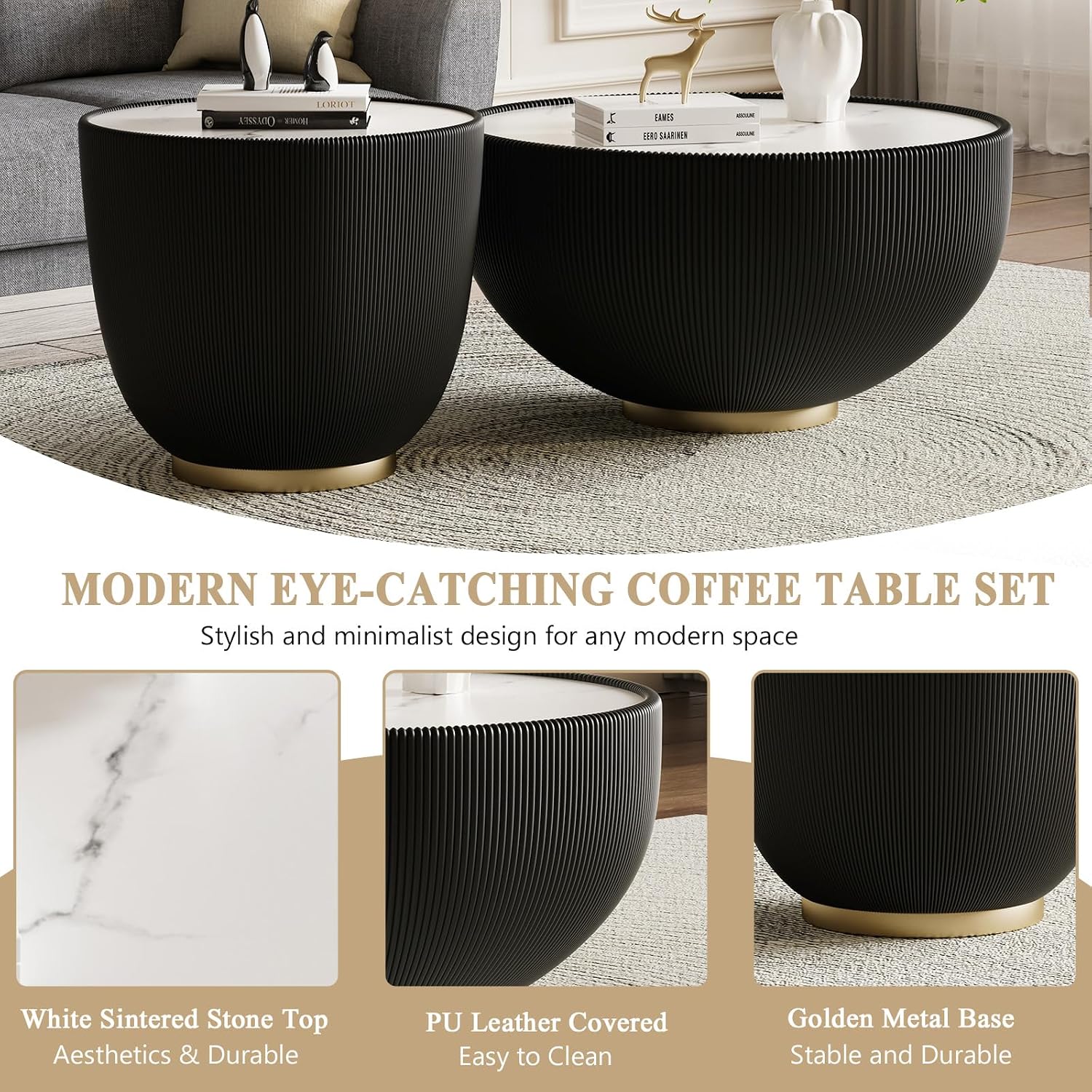 Round Marble Coffee Table Set of 2, 2 Piece Coffee Table and End Table for Living Room Modern Drum Center Table Circle Side Tables for Living Room Bedroom Apartment, No Need Assembly,Black+Black