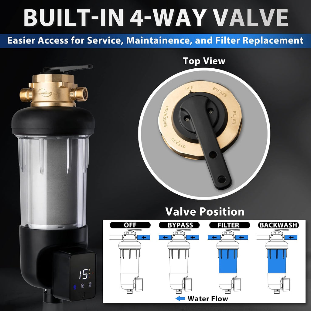 iSpring WSP50ARJ-BP Whole House Water Filter System Prefilter, Auto Flushing Spin Down Sediment Filter for Well Water, Integrated Bypass, 4-Mode Touch-Screen, Reusable, Jumbo Size, 50 Micron