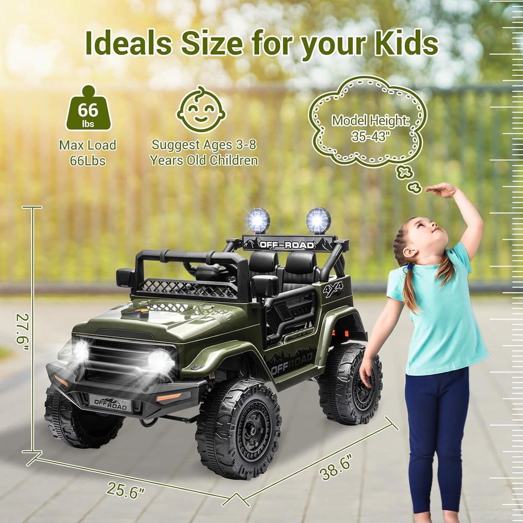 SEHOMY 12V Kids Ride On Truck with Parent Remote, 4 Wheels Battery Powered Electric Car for Kids Toys - 3 Speed, Spring Suspension, LED Lights, Safety Start, Music, Kids Electric Vehicles Dark Green