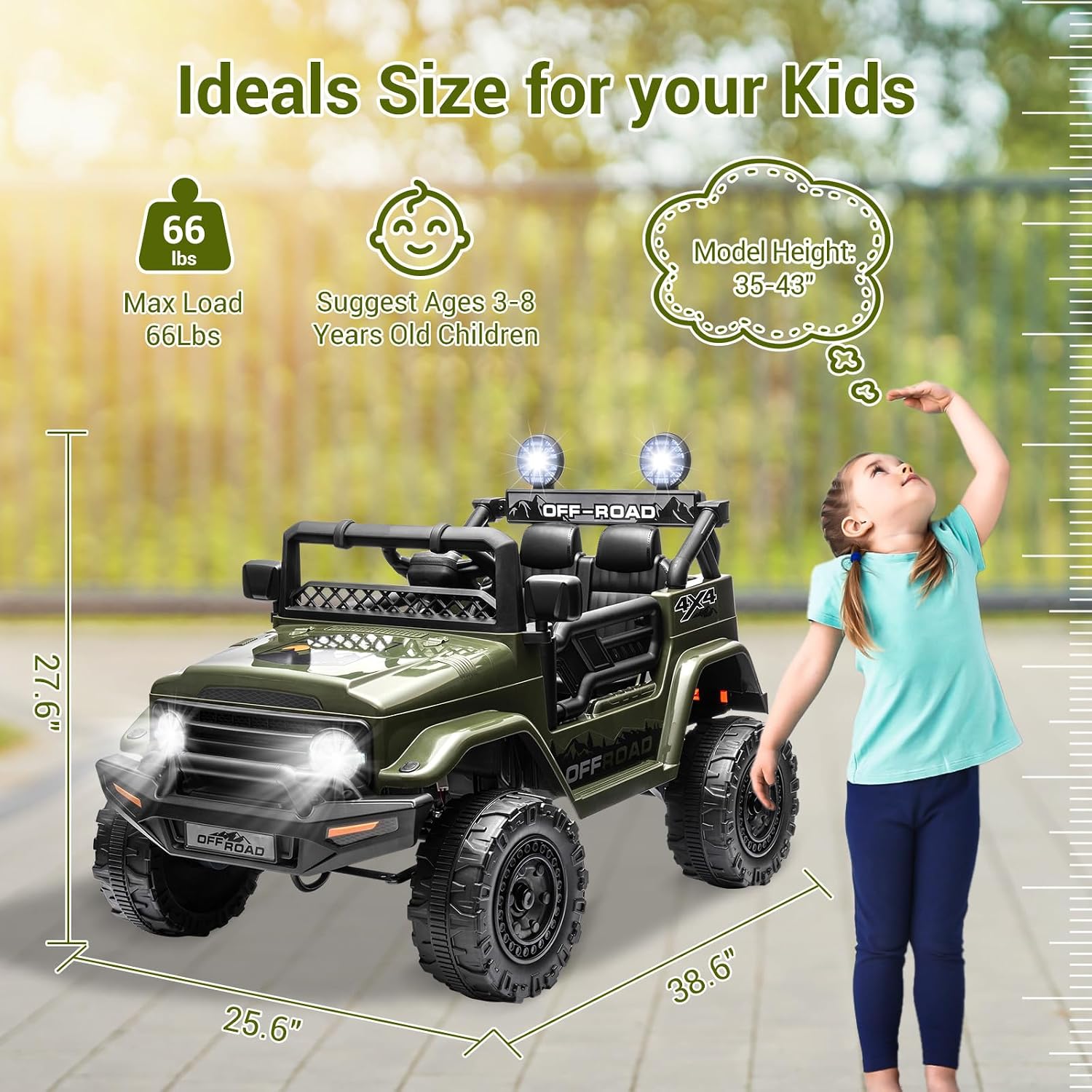 SEHOMY 12V Kids Ride On Truck with Parent Remote, 4 Wheels Battery Powered Electric Car for Kids Toys - 3 Speed, Spring Suspension, LED Lights, Safety Start, Music, Kids Electric Vehicles Dark Green