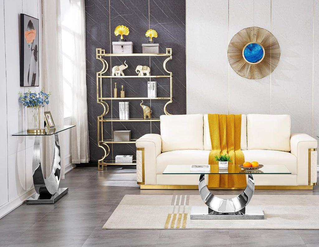 2 Pieces Living Room Table Set, Glass Coffee Table Set of 2, Modern Coffee Table and Console Table with U-Shaped Stainless Steel Base for Living Room (Silver)