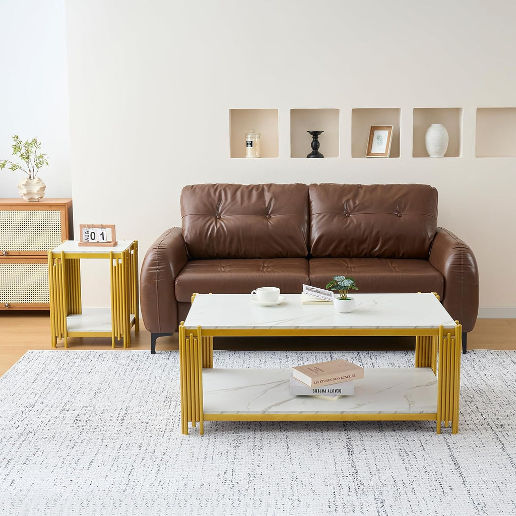 45'' Modern 2-Tiers Coffee Table with Golden Iron Frame, White Faux Marble Top, Rectangle Cocktail Center Table for Living Room Office, White and Gold Coffee Side Table for Apartment