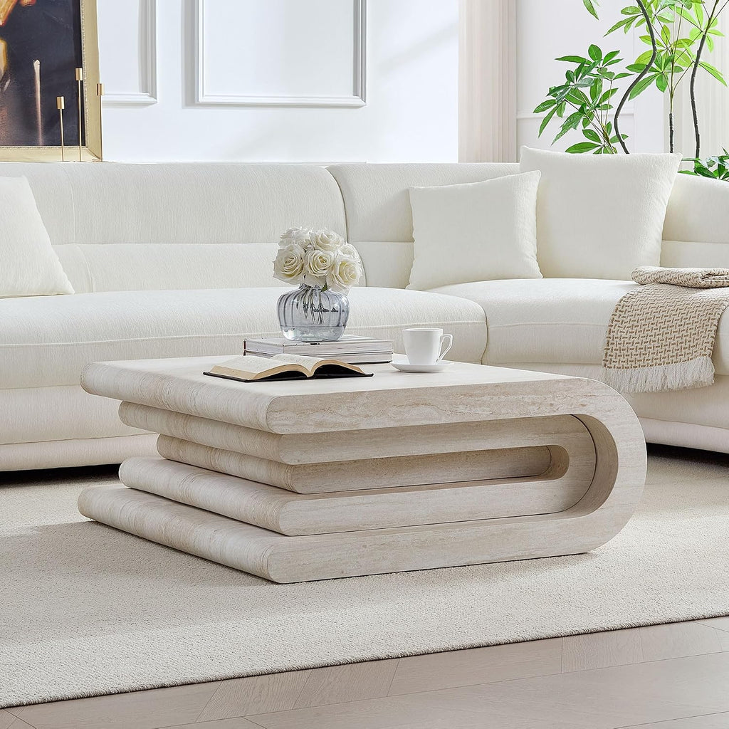 WILLIAMSPACE 33.86' Square Coffee Table with Faux Mars Pattern, Modern Irregular Center Table with Layered Base, Accent MDF Side Tea Table for Living Room Apartment,No Need Assembly (Mars Pattern)
