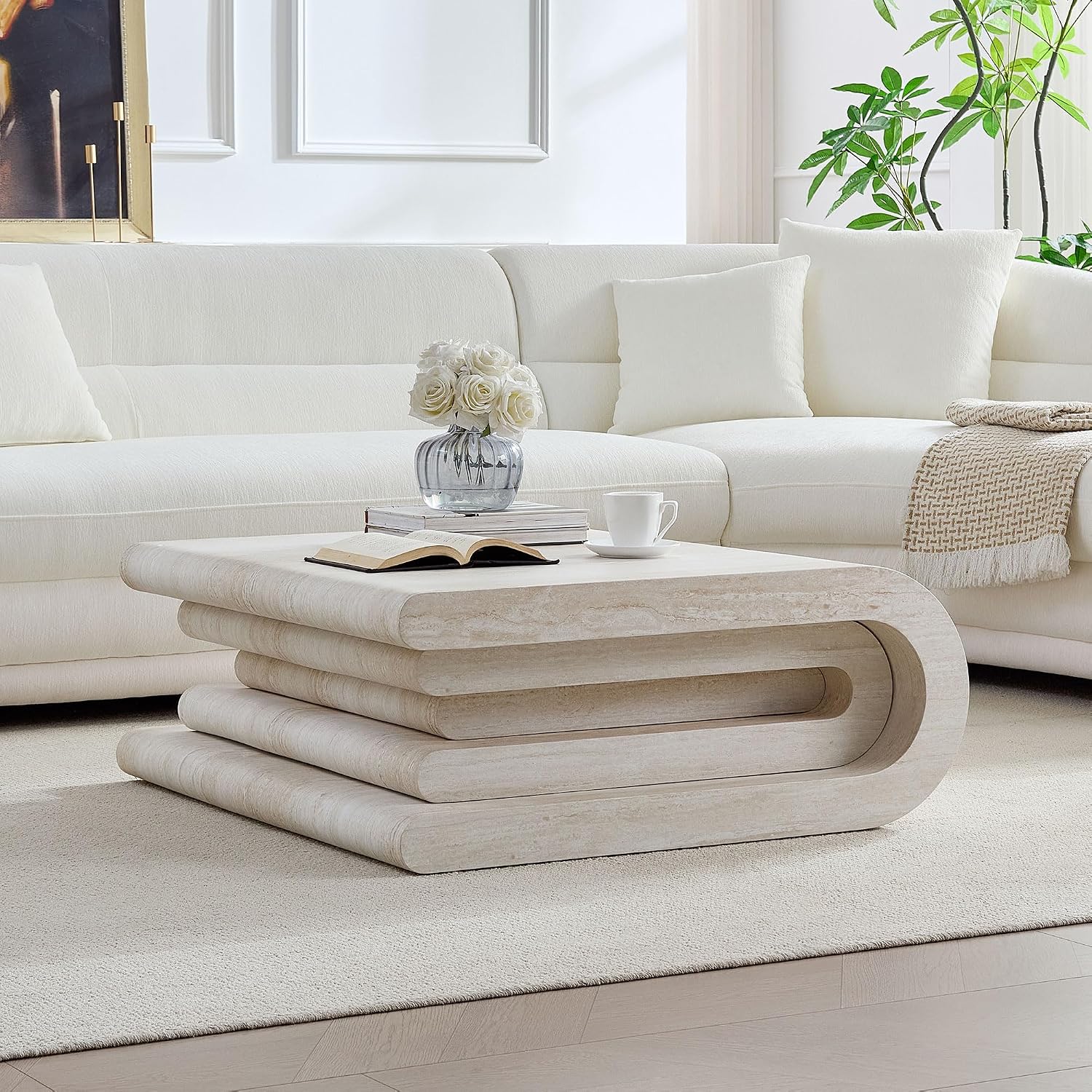 WILLIAMSPACE 33.86' Square Coffee Table with Faux Mars Pattern, Modern Irregular Center Table with Layered Base, Accent MDF Side Tea Table for Living Room Apartment,No Need Assembly (Mars Pattern)