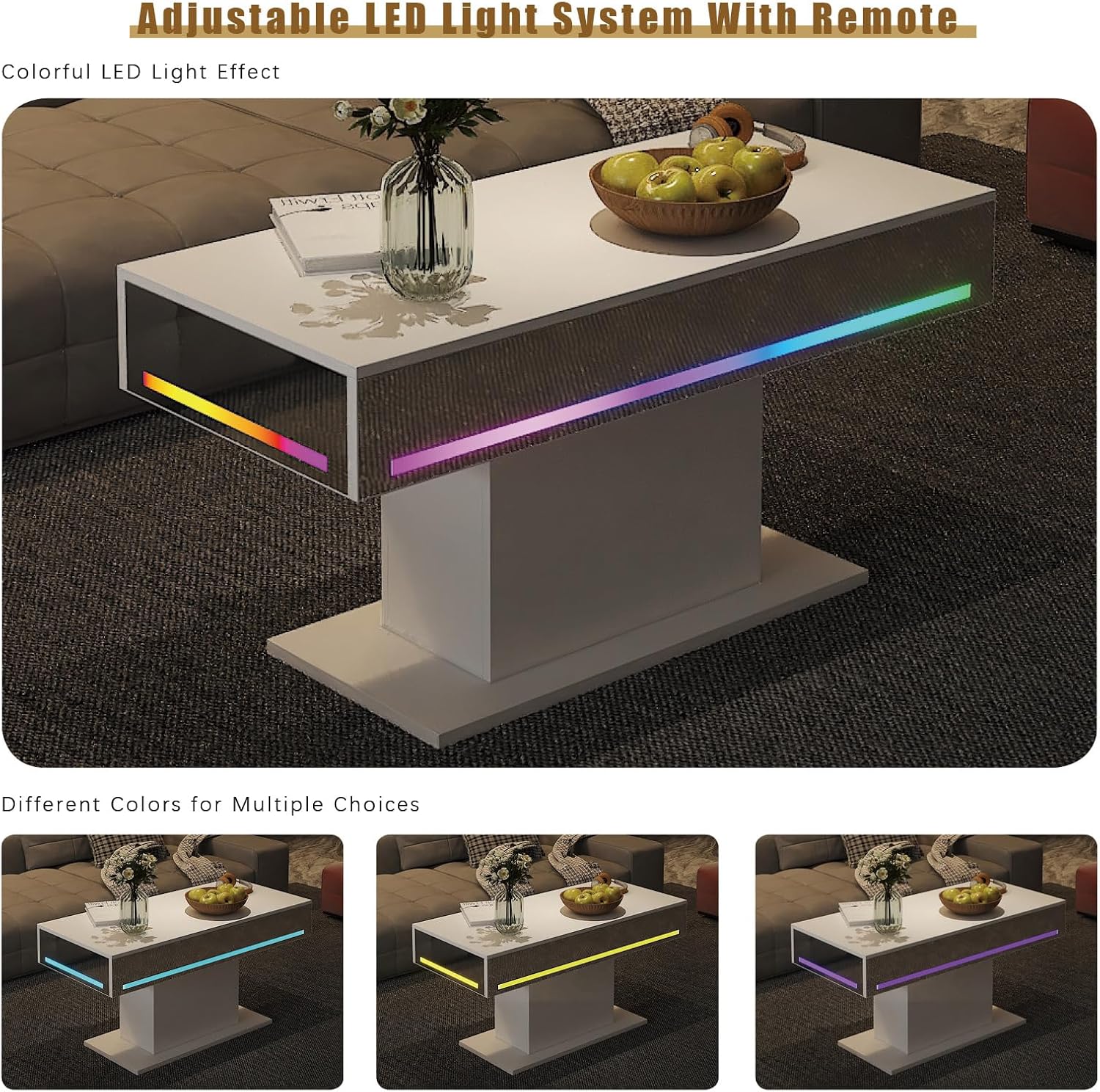 HedoAjim Led Coffee Table for Living Room, Living Room Table Rectangular Center Table, Modern Wooden Coffee Tables with 16 Colors LED Lights for Dining Reception Room