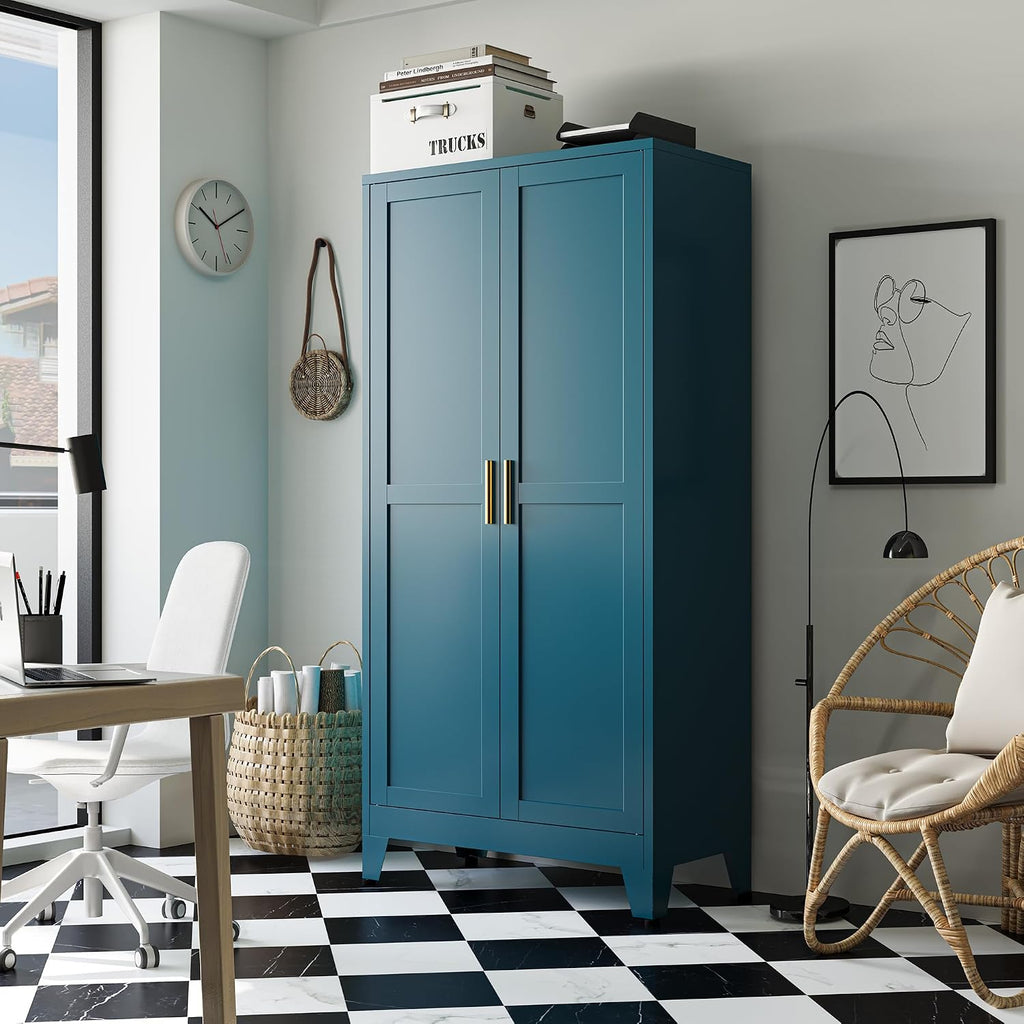Bevivog Bathroom Storage Cabinet Freestanding, 61' Tall Metal Cabinets with Doors and Shelves, Blue Metal Pantry Cabinet for Kitchen, Living Room, Home Office