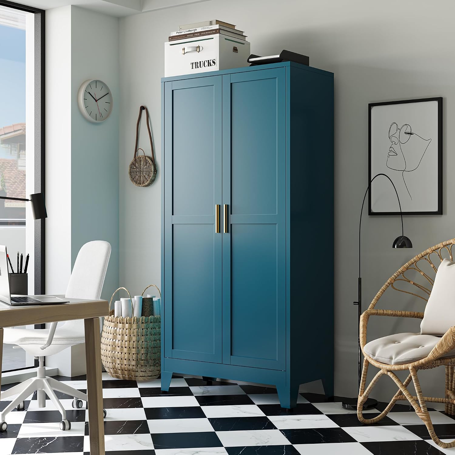 Bevivog Bathroom Storage Cabinet Freestanding, 61' Tall Metal Cabinets with Doors and Shelves, Blue Metal Pantry Cabinet for Kitchen, Living Room, Home Office