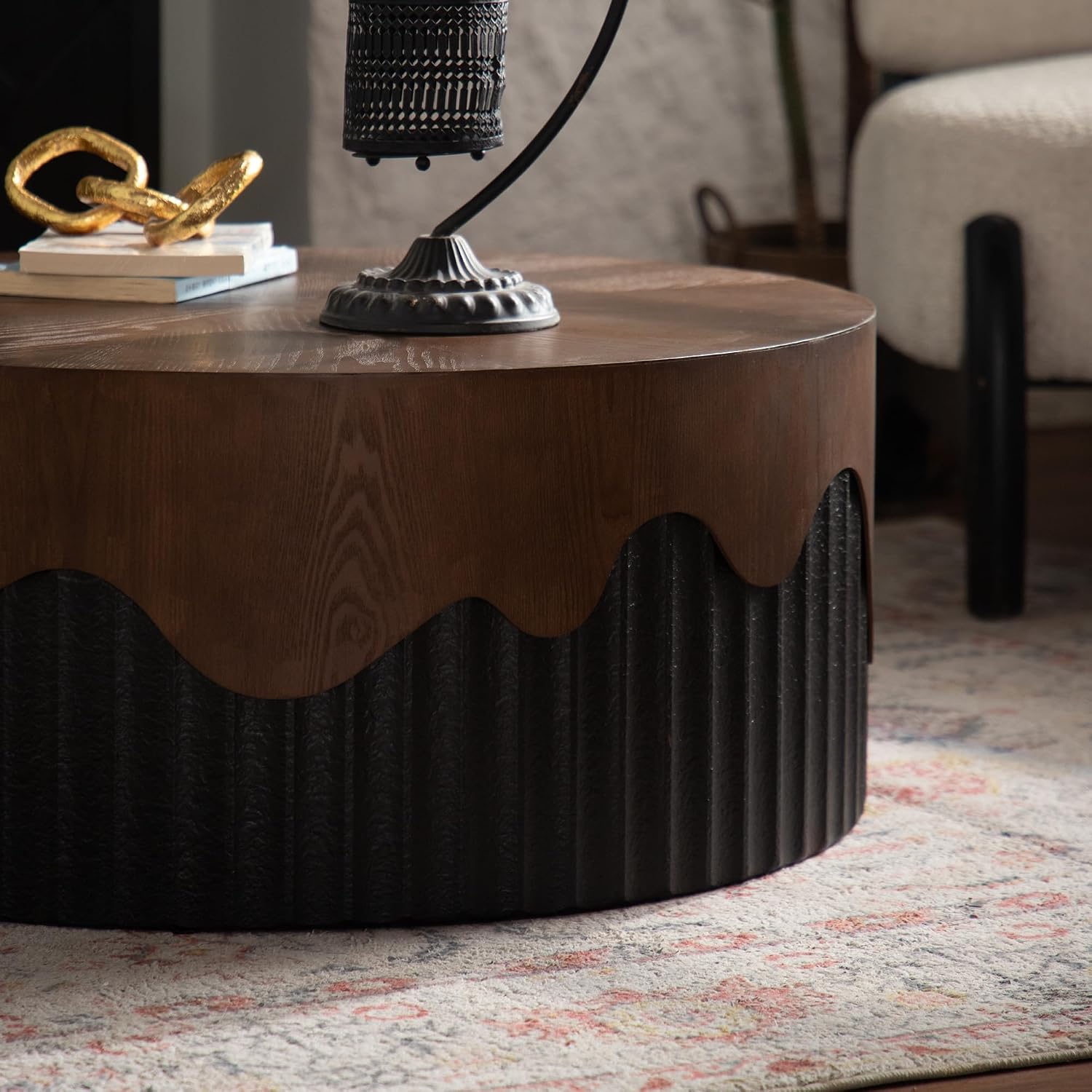 30.31'' Handcrafted Round Coffee Table for Living Room, Modern Mid-Century Circle Drum Wood Coffee Table, Easy Assembly, Black & Walnut